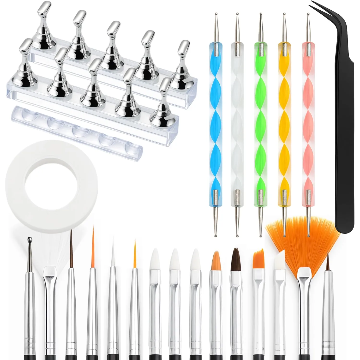Nail Art Tools Set – 15pcs Nail Brushes, 5pcs Dual-Ended Dotting Pens, Nail Stand & Holder Kit with Brush Rack, Tweezers & Double-Sided Tape for DIY Nail Design & Press On Nails