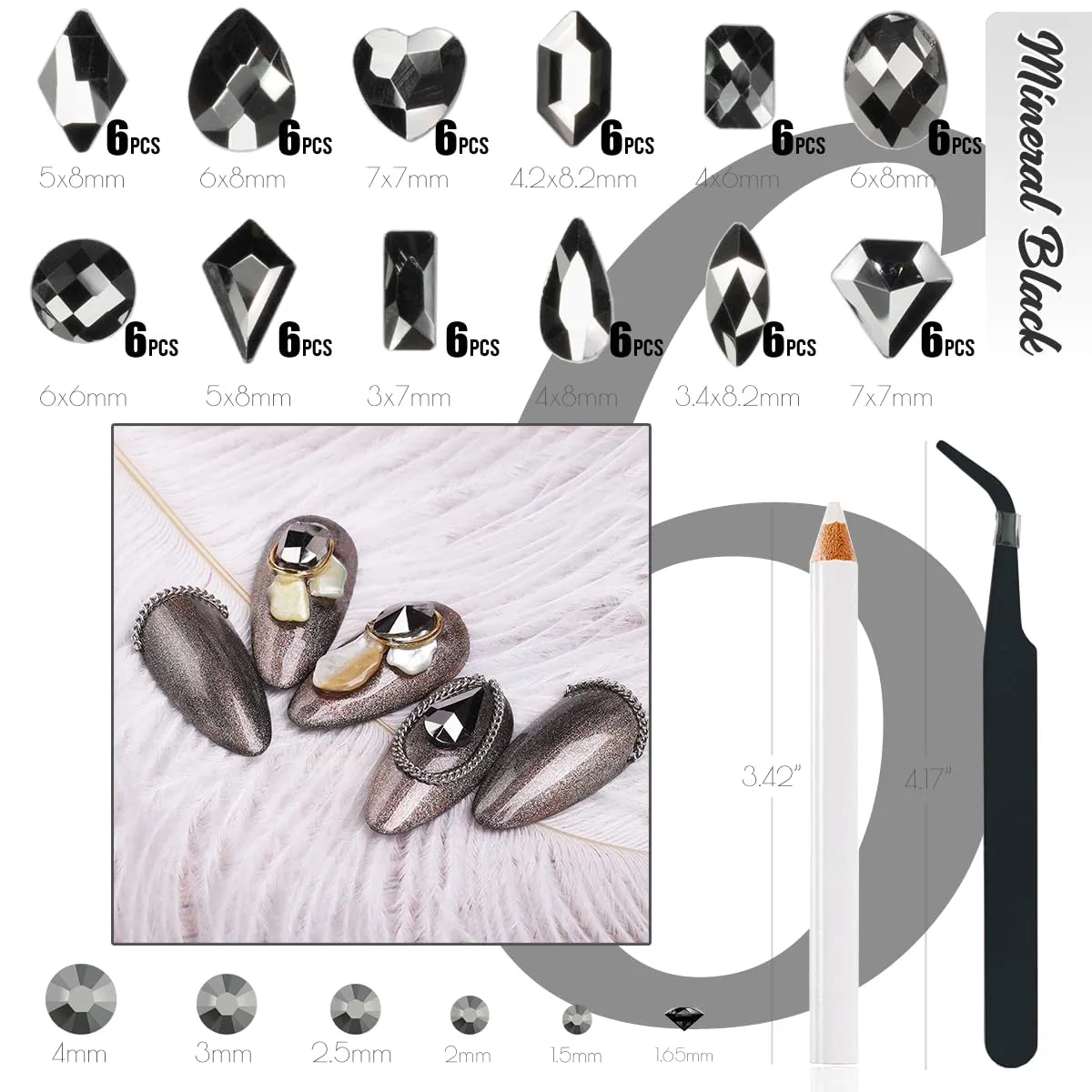 Mine Black Nail Rhinestones Multi Shapes Metallic Black Rhinestones for Nails Flatback Nail Gems K9 Glass Round Beads Stones Diamonds Nail Charms Art for Nails Faces Eyes Makeup Crafts DIY