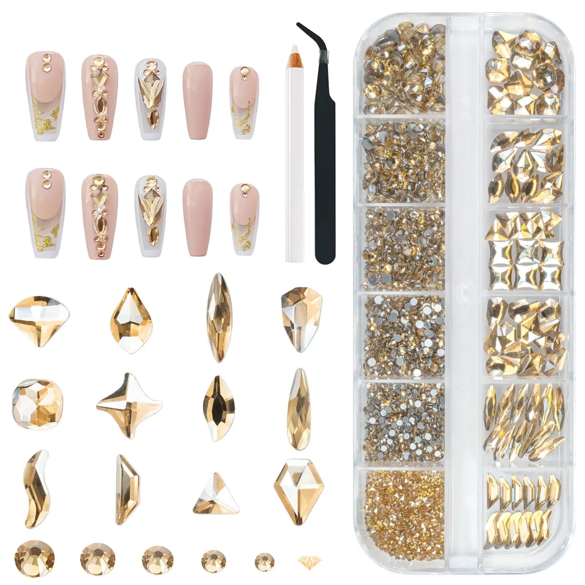 2052Pcs Champagne Gold Nail Rhinestones 72 Multi Shapes Golden Rhinestones for Nails Flatback Nail Gems +1980 K9 Glass Round Beads Stones Diamonds Nail Charms Art for Nails Faces Eyes Crafts
