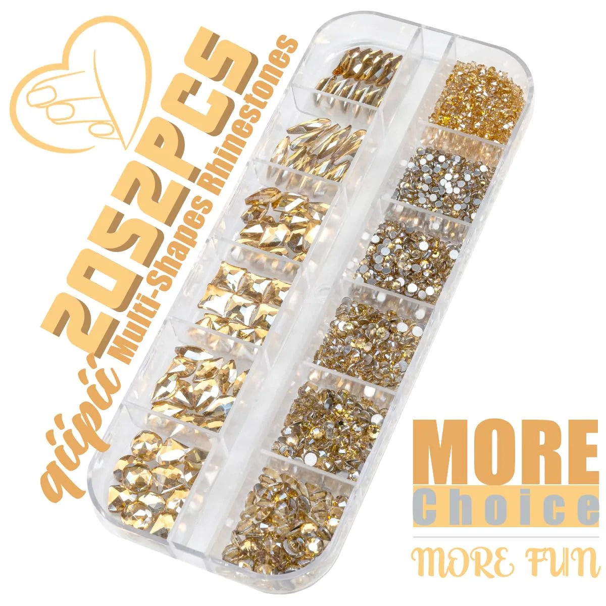 2052Pcs Champagne Gold Nail Rhinestones 72 Multi Shapes Golden Rhinestones for Nails Flatback Nail Gems +1980 K9 Glass Round Beads Stones Diamonds Nail Charms Art for Nails Faces Eyes Crafts