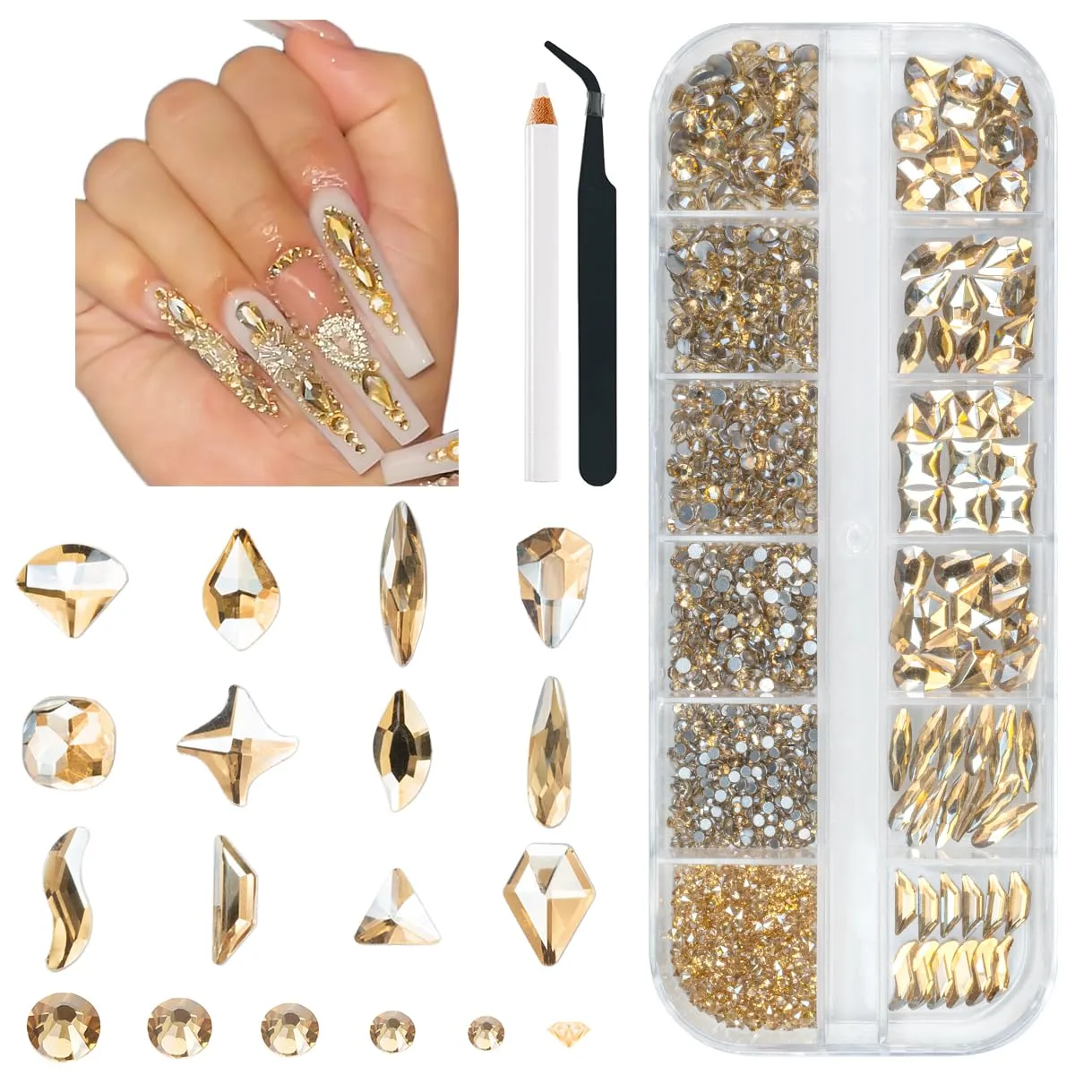 2052Pcs Champagne Gold Nail Rhinestones 72 Multi Shapes Golden Rhinestones for Nails Flatback Nail Gems +1980 K9 Glass Round Beads Stones Diamonds Nail Charms Art for Nails Faces Eyes Crafts