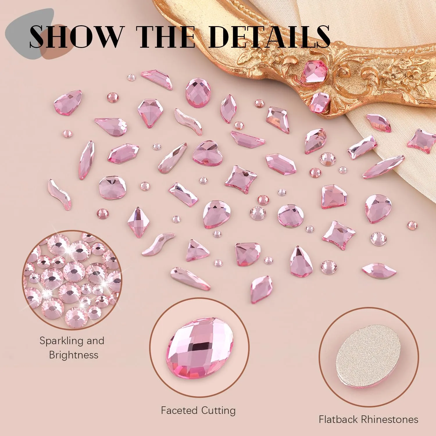 1680Pcs Pink Glass Nail Rhinestones 180Pcs Multi Shapes Flatback Nail Gems + 1500Pcs 1.5-4mm Round Crystal with Rhinestones Glue Gel, Manicure Nail Charms Diamond Gemstones for Nail Art