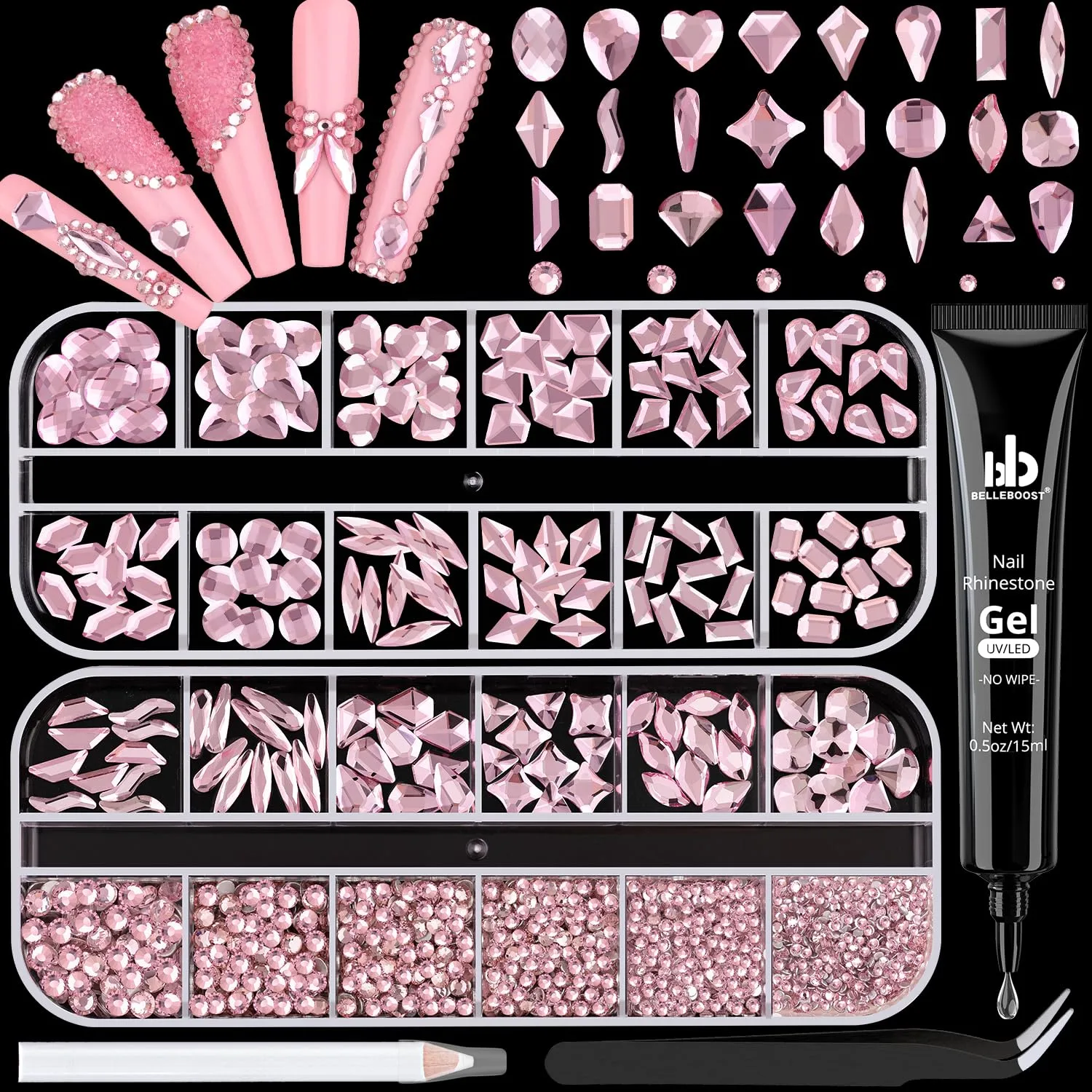1680Pcs Pink Glass Nail Rhinestones 180Pcs Multi Shapes Flatback Nail Gems + 1500Pcs 1.5-4mm Round Crystal with Rhinestones Glue Gel, Manicure Nail Charms Diamond Gemstones for Nail Art