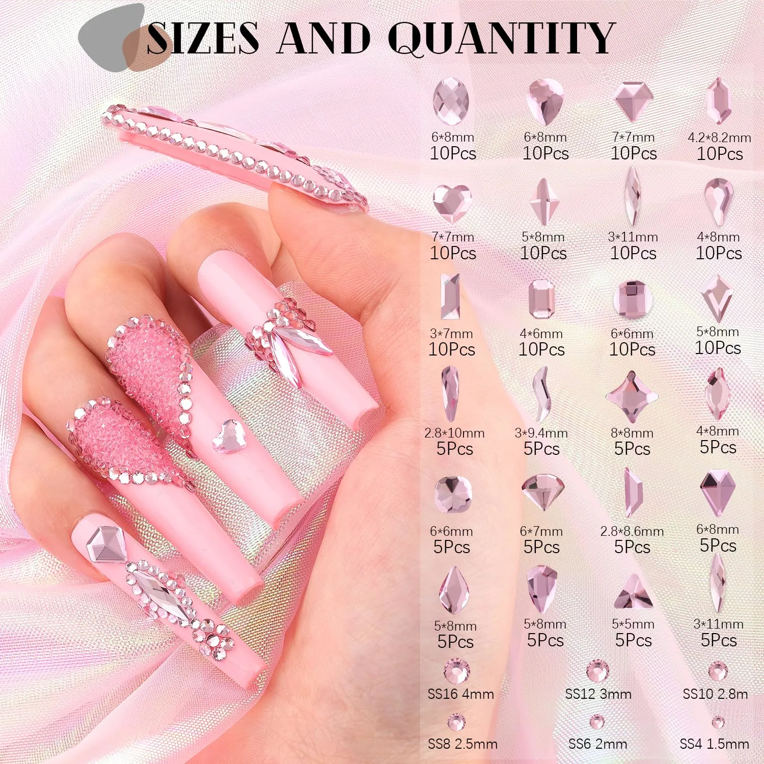 1680Pcs Pink Glass Nail Rhinestones 180Pcs Multi Shapes Flatback Nail Gems + 1500Pcs 1.5-4mm Round Crystal with Rhinestones Glue Gel, Manicure Nail Charms Diamond Gemstones for Nail Art