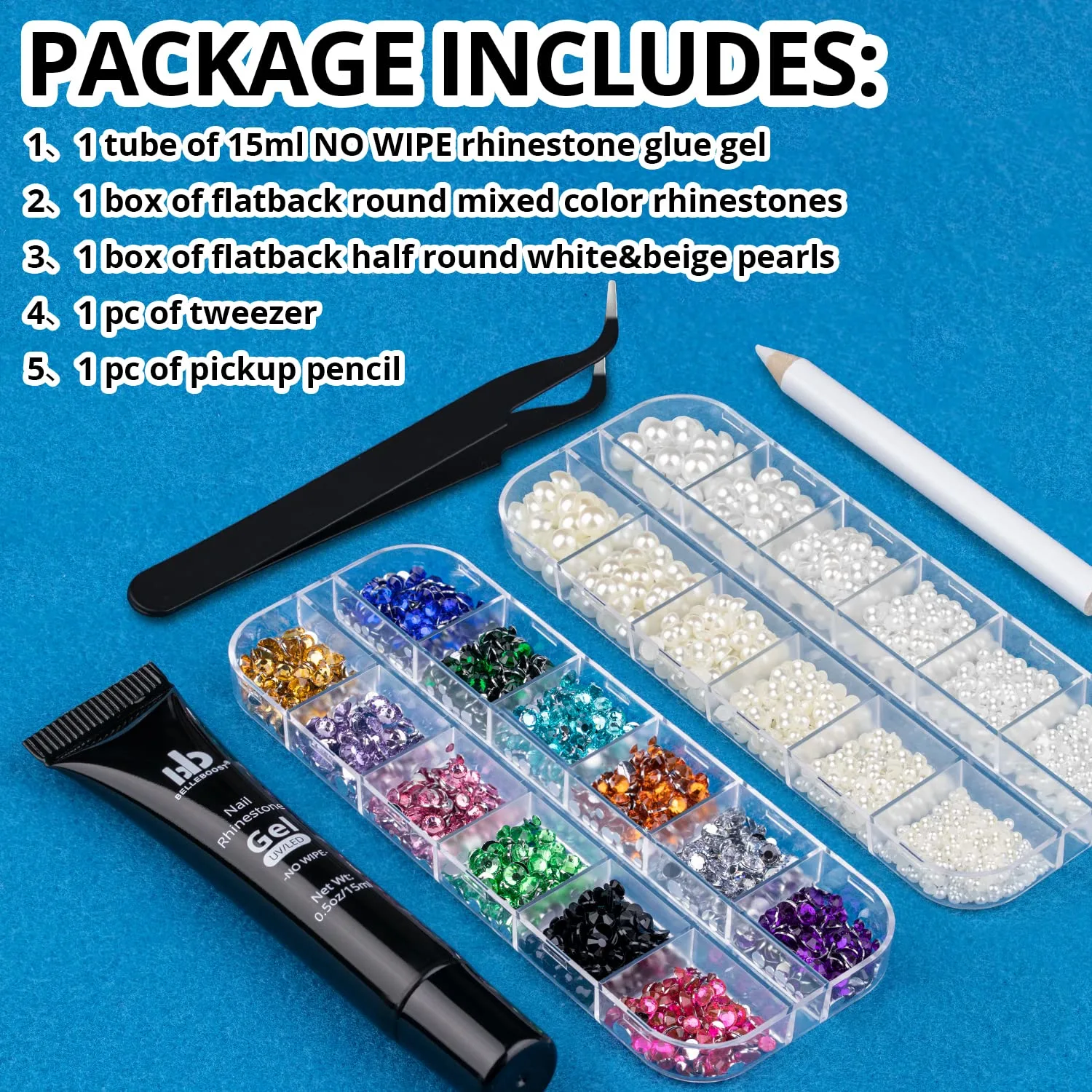 BELLEBOOST Nail Art Rhinestone Glue Gel&2 Boxes Flatback Gems Kit, 1 Tube of 15ml Rhinestone Gel Glue(UV/LED Needed)+Colorful Gems+Flat-Back Half Round White&Beige Pearls with Pickup Tools