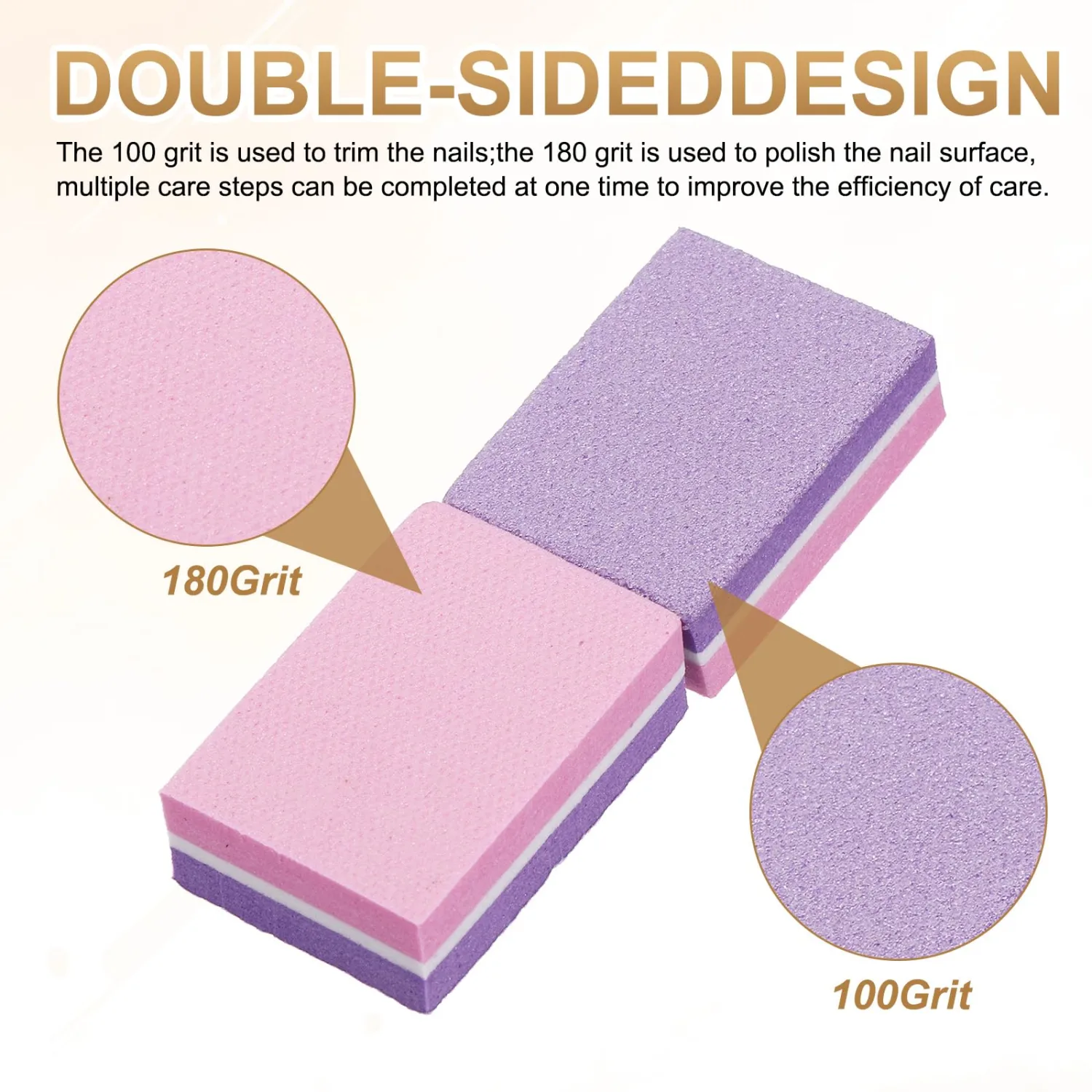 HARFINGTON 50pcs Mini Buffer Block Nail File, 100/180 Grit Double Side Sponge Nail Buffers for Professional Manicure Acrylic Nails, Natural Nails, Pink/Purple