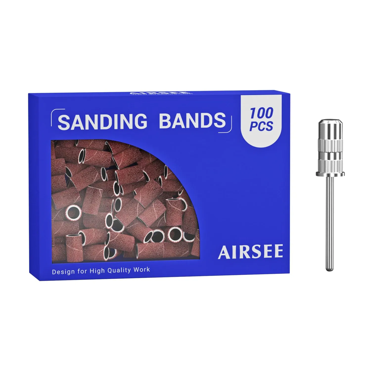 AIRSEE Sanding Bands for Electric Nail Drill 100 Piece Set 180 Grit Medium Acrylic File Attachments Professional Sander 1 Mandrel Bit Beauty Salon Accessories Manicure and Pedicure Finger Callus Brown