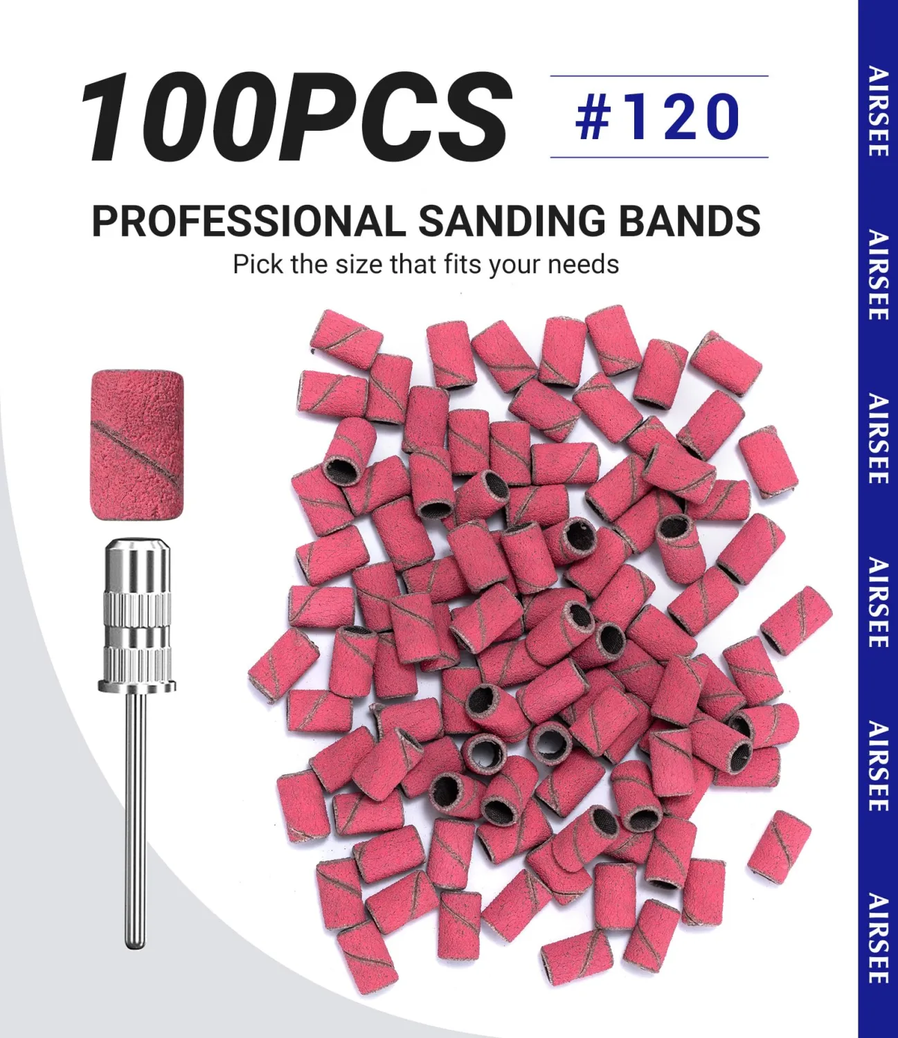 AIRSEE Sanding Bands for Electric Nail Drill 100 Piece Set 120 Grit Coarse Acrylic File Attachments Professional 1 Sander Mandrel Bit Beauty Salon Accessories Manicure and Pedicure Finger Callus Pink