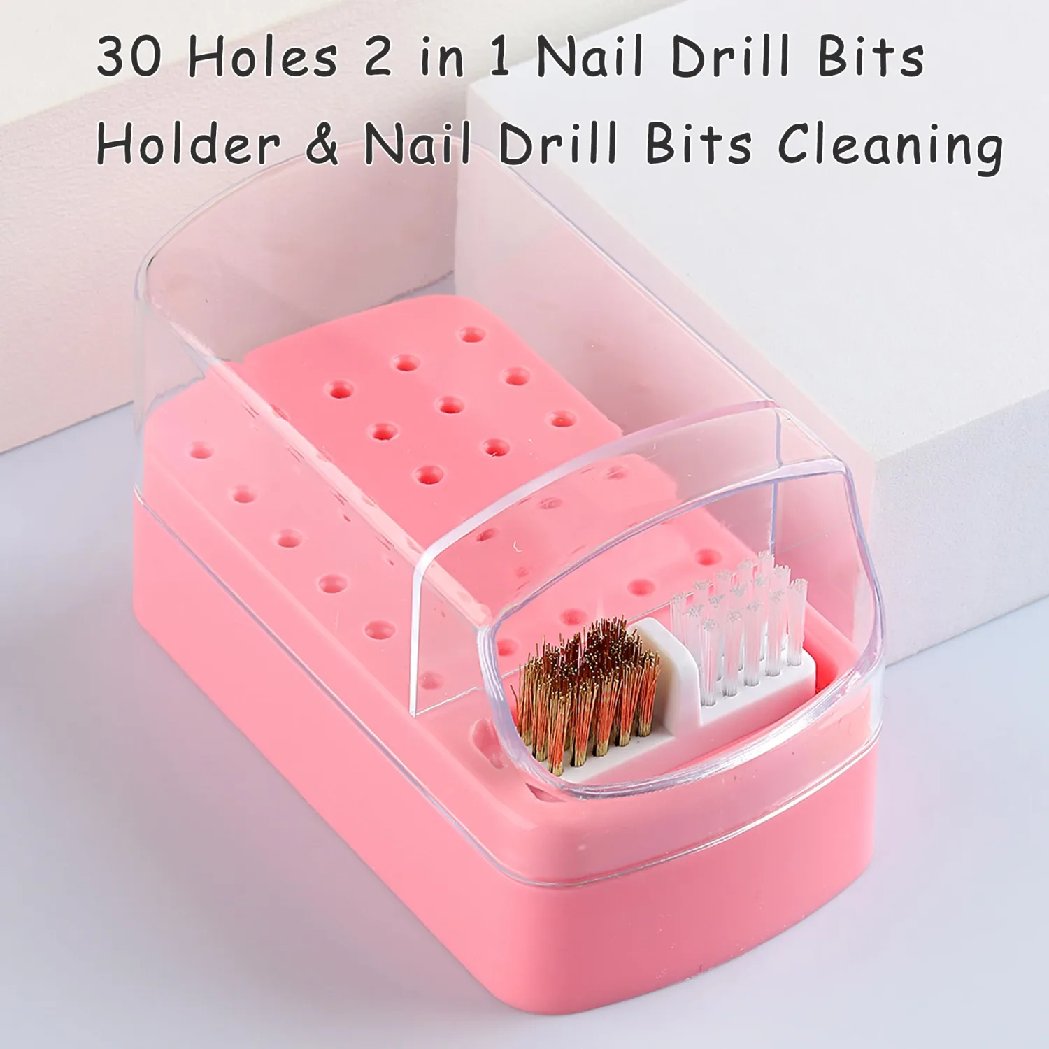 Nail Bit Holder & Nail Drill Bit Cleaner 2 in 1, 30 Holes Nail Drill Holder Organizer Nail Bit Brush Cleaner Drill Bit Holder for Nails Dustproof Stand Displayer Storage Box Tools