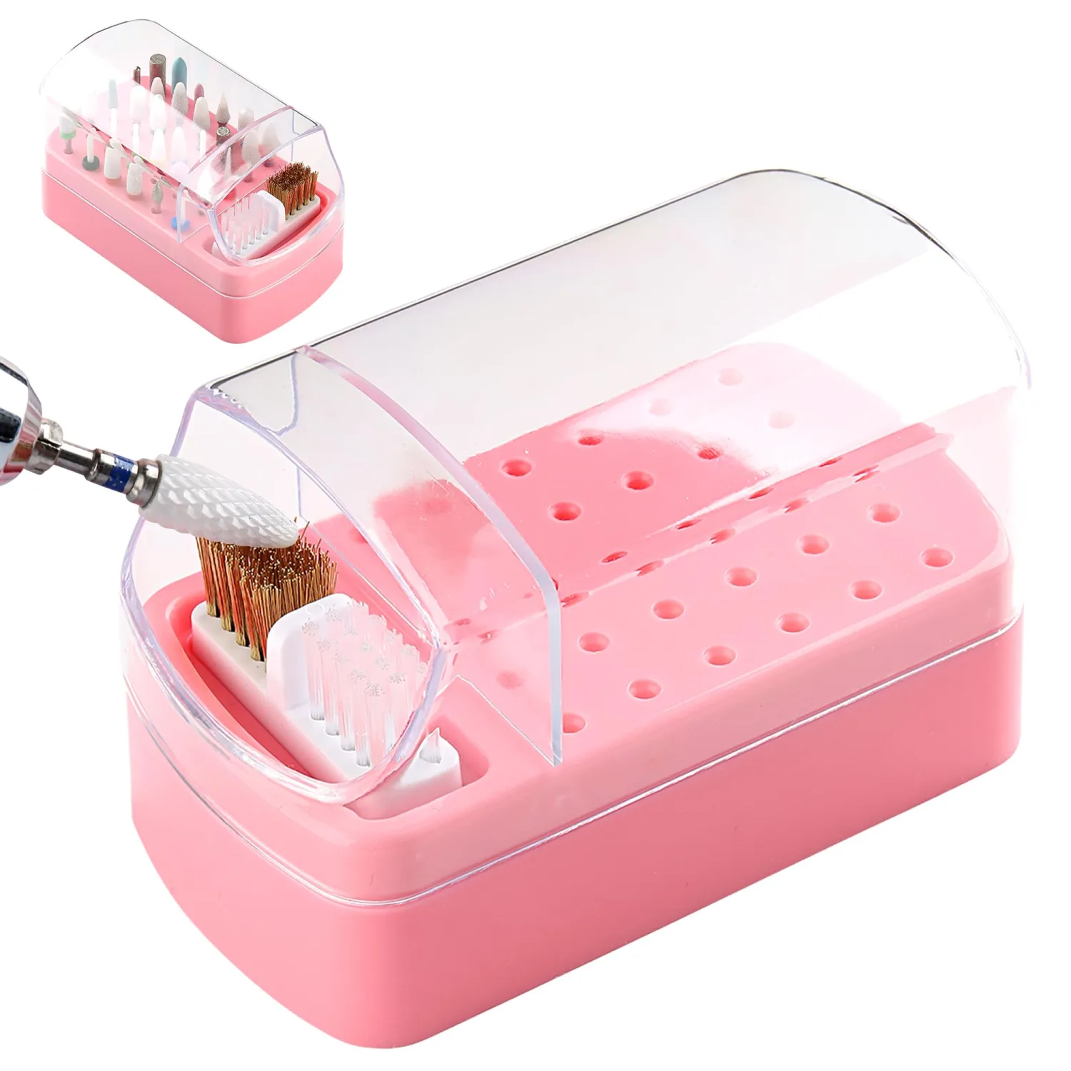 Nail Bit Holder & Nail Drill Bit Cleaner 2 in 1, 30 Holes Nail Drill Holder Organizer Nail Bit Brush Cleaner Drill Bit Holder for Nails Dustproof Stand Displayer Storage Box Tools