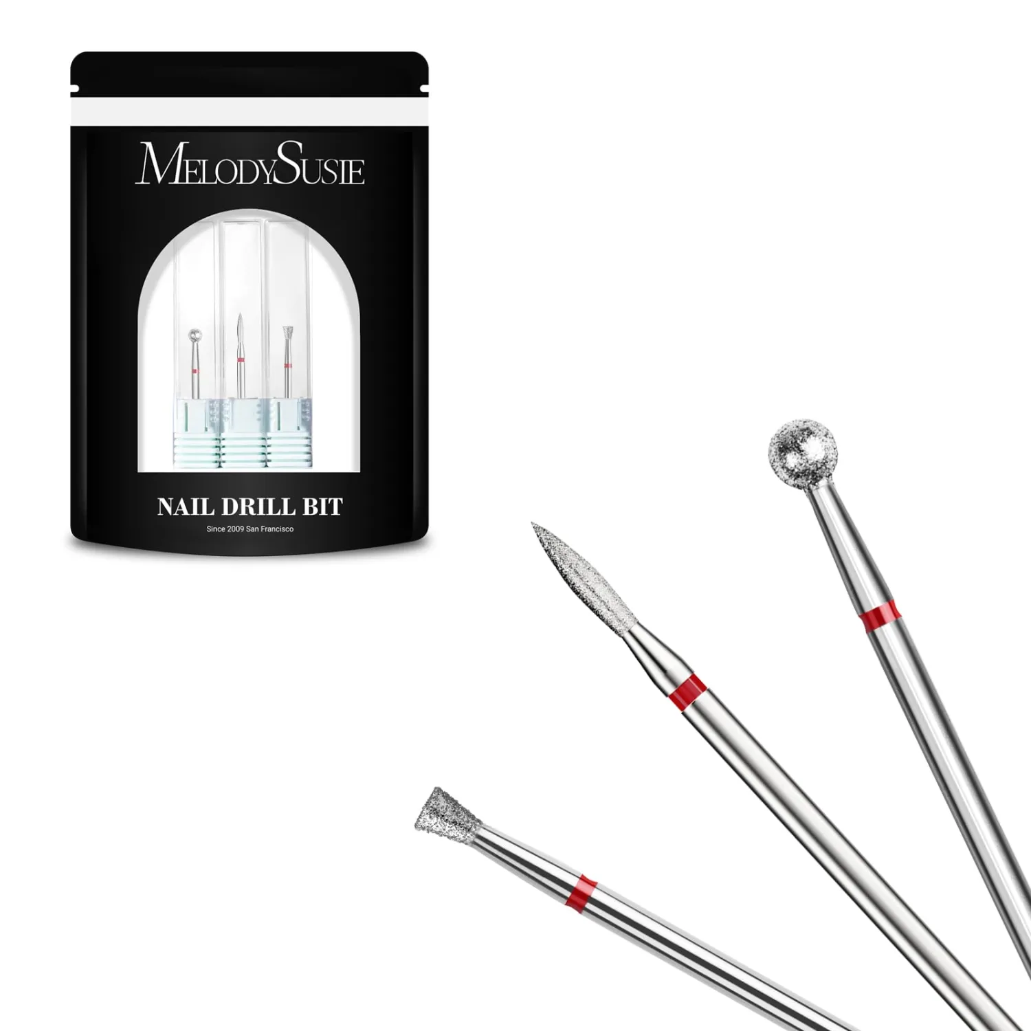 MelodySusie 3Pcs Cuticle Cleaner Nail Drill Bits Set, 3/32'' Safety Carbide Diamond Bits, Ball, Flame and Inverted Tapered Bits, Suitable for Cuticle Dead Skin Nail Prepare, Silver
