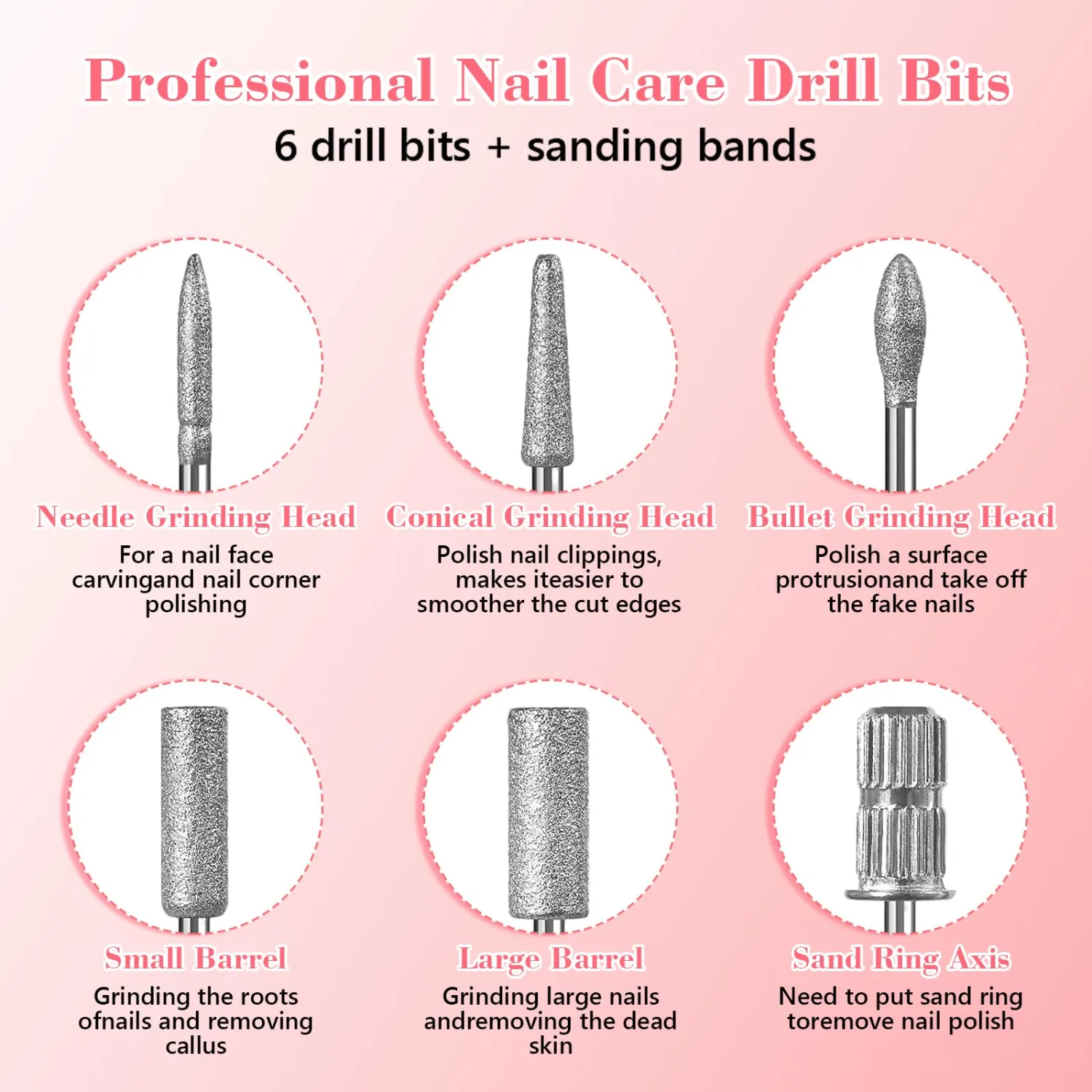 2Pack Nail Drill bits Set,Professional Nail Art Tools Set for Acrylic Art,with 6 pcs Sanding Bands for Manicure & Pedicure Crystal Nail Files,Perfect for Nail Salons & Beauty (2Pack)