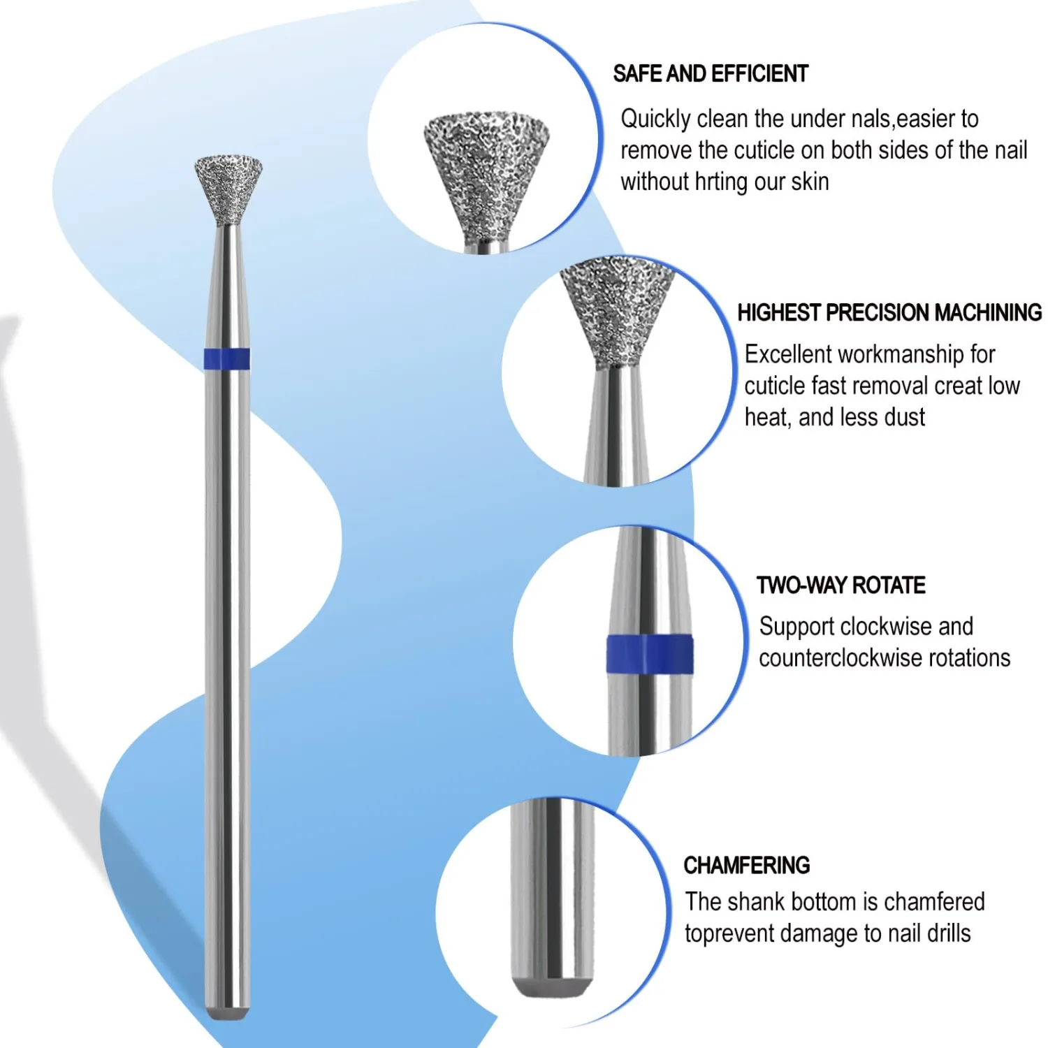 Cuticle Clean Nail Drill Bit, 3/32" Russian Diamond Nail File bits, Safety Carbide Under Nail Cleaner for Cuticle Dead Skin Nail Prepare, Overflow Gel Polishing (Medium)