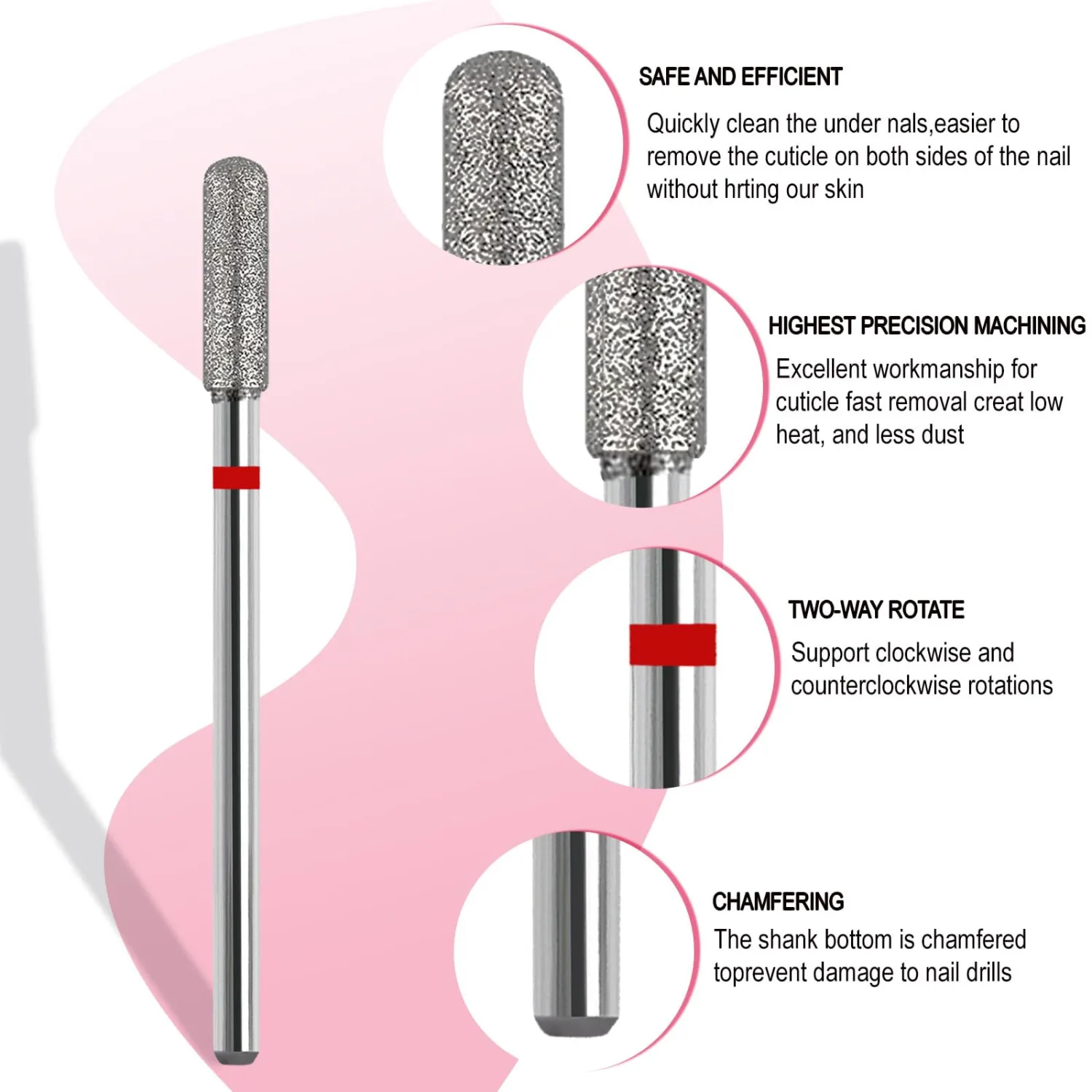 Cuticle Clean Nail Drill Bit, 3/32" Russian Diamond Nail File bits, Safety Carbide Under Nail Cleaner for Cuticle Dead Skin Nail Prepare, Nail Salon Manicure, (Round Top Barrel-Fine)