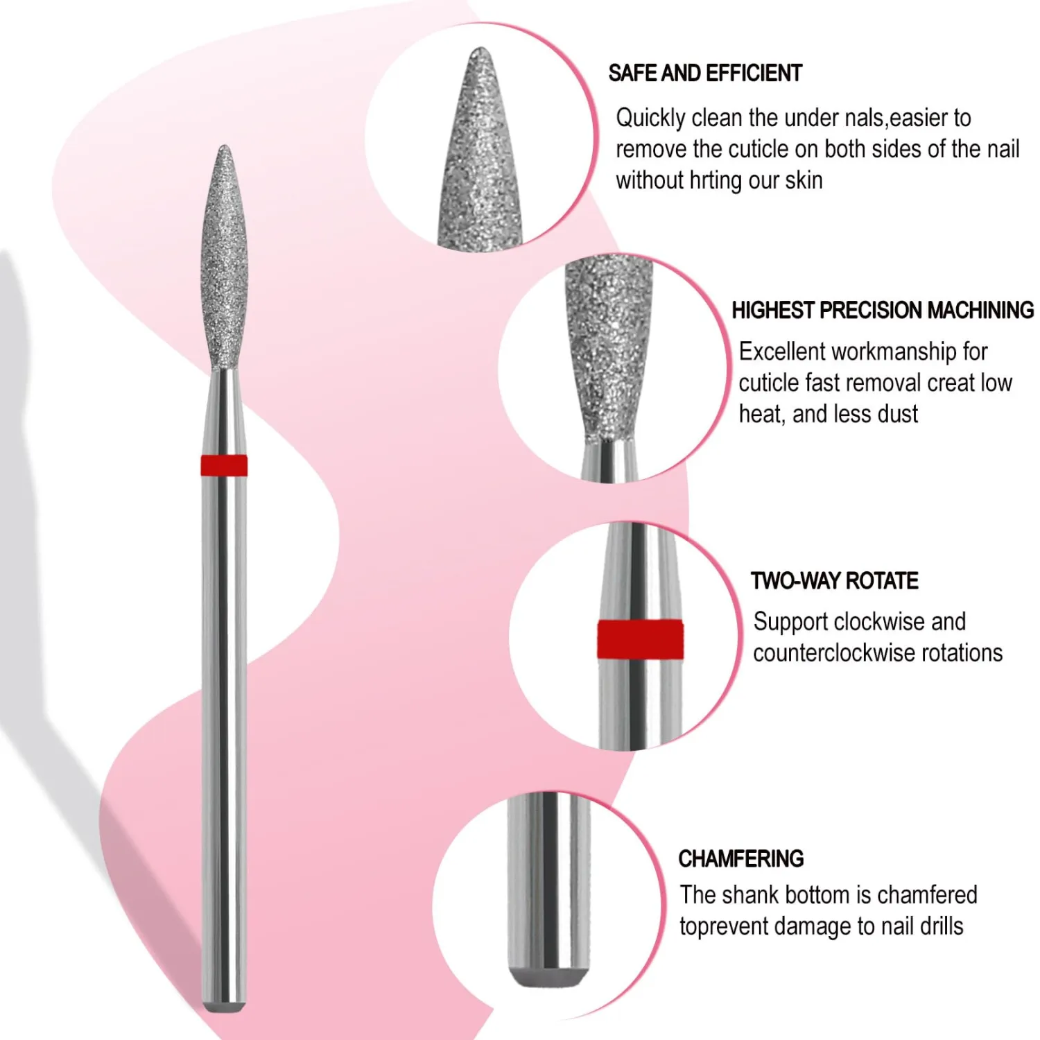 Cuticle Clean Nail Drill Bit, 3/32" Russian Diamond Nail File bits, Safety Carbide Under Nail Cleaner for Cuticle Dead Skin Nail Prepare, Nail Salon Manicure, Flame Shape (Fine)