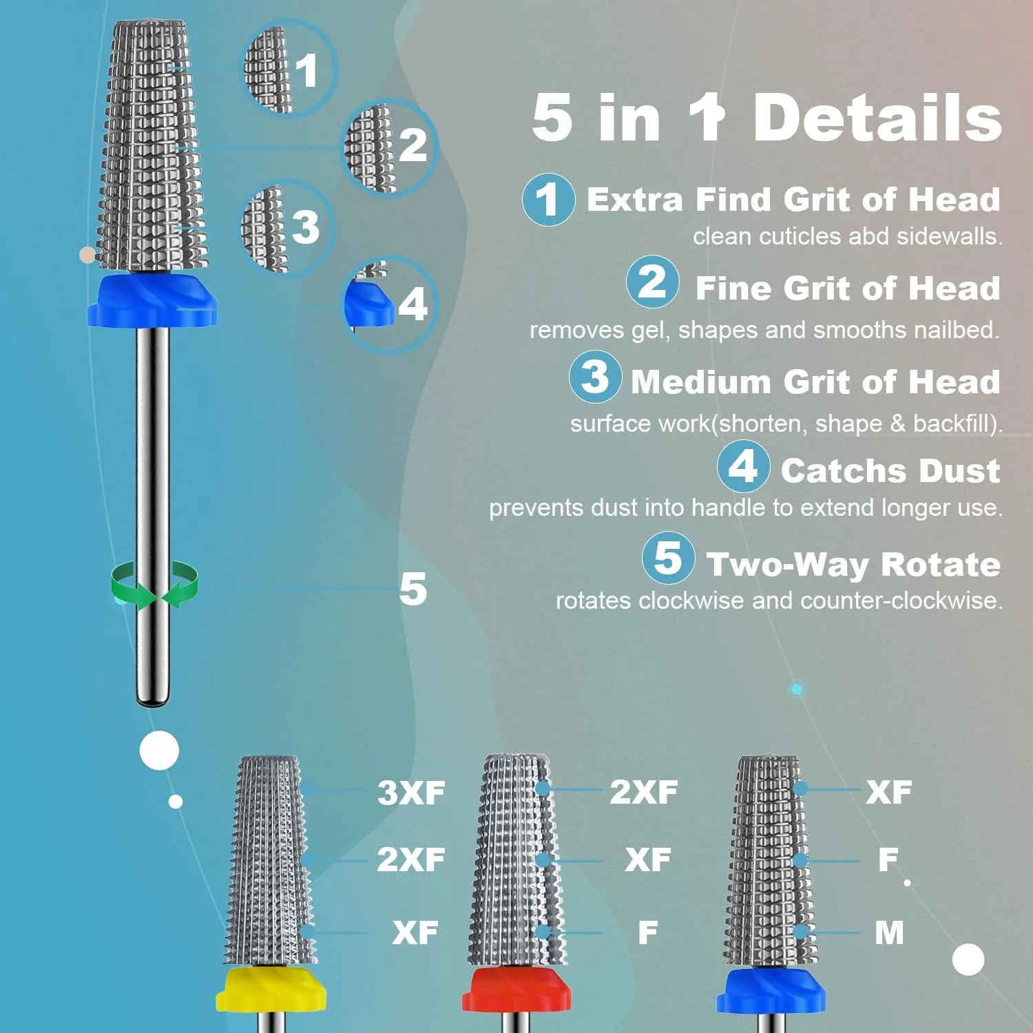 3Pcs Carbide 5 in 1 Nail Drill Bit Set- Two Way Rotate Use for Both Left and Right Handed- XF， F， M 3/32 Inches Brocas Para Drill Nails for Acrylic Nail Gel Fast Remove