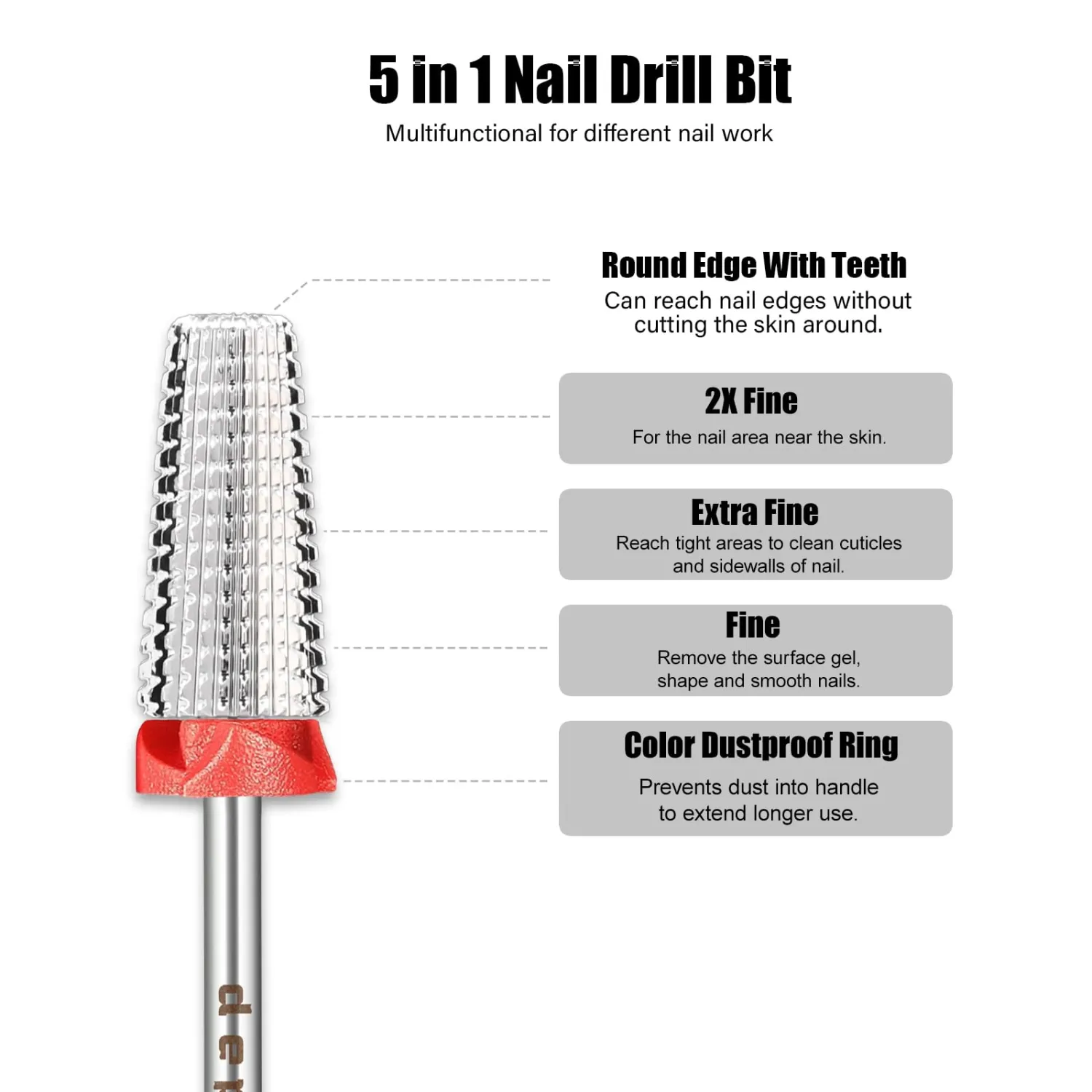 Depvko Super Long 5 in 1 Nail Drill Bits, 3/32'' Carbide Tungsten Bits, Two Way Rotate Professional Advanced Safety Bits for Nail, Fast Remove for Manicure Pedicure (Classic 5in1-Silver, Fine-F)