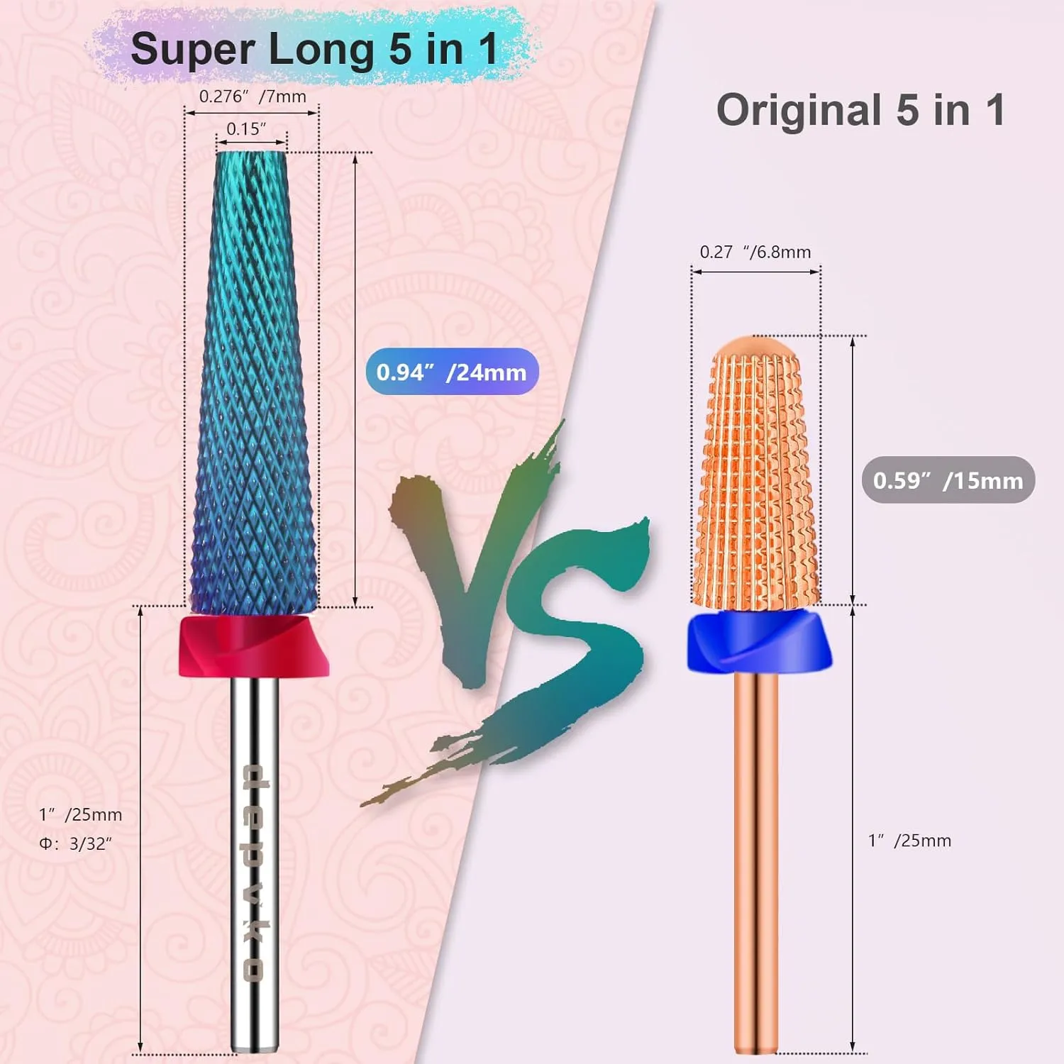 Depvko Super Long 5 in 1 Nail Drill Bits, 3/32'' Carbide Tungsten Bits, Two Way Rotate Professional Advanced Safety Bits for Nail, Fast Remove for Manicure Pedicure (Long 5in1-Blue, Fine-F)