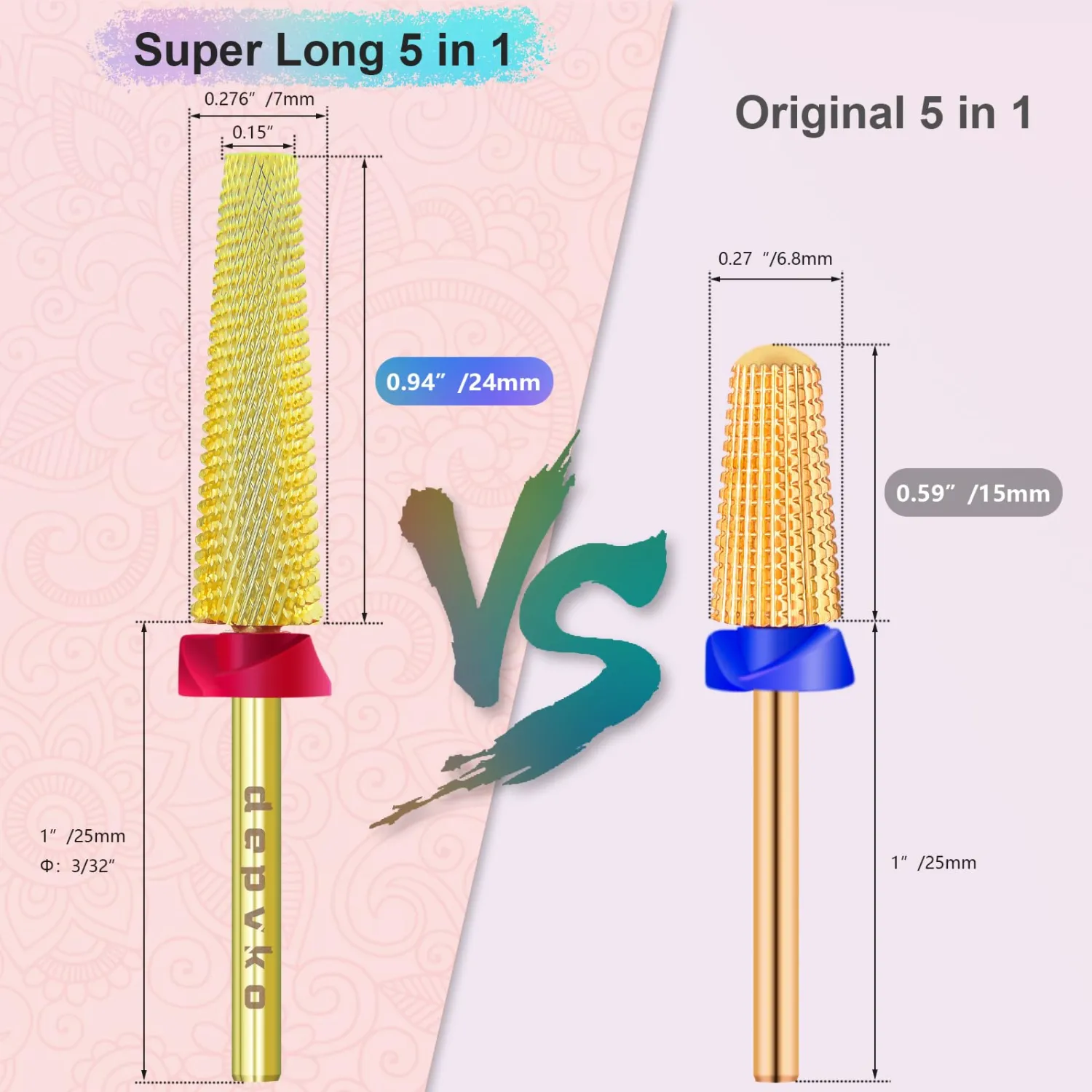 Depvko Super Long 5 in 1 Nail Drill Bits, 3/32'' Carbide Tungsten Bits, Two Way Rotate Professional Advanced Safety Bits for Nail, Fast Remove for Manicure Pedicure (Long 5in1-Gold, Fine-F)