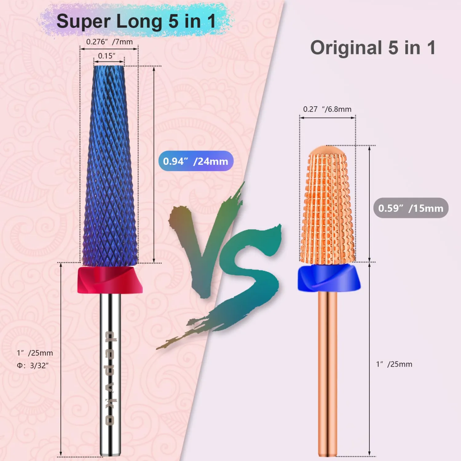 Depvko Super Long 5 in 1 Nail Drill Bits, 3/32'' Carbide Tungsten Bits, Two Way Rotate Professional Advanced Safety Bits for Nail, Fast Remove for Manicure Pedicure (Long 5in1-Purple, Fine-F)