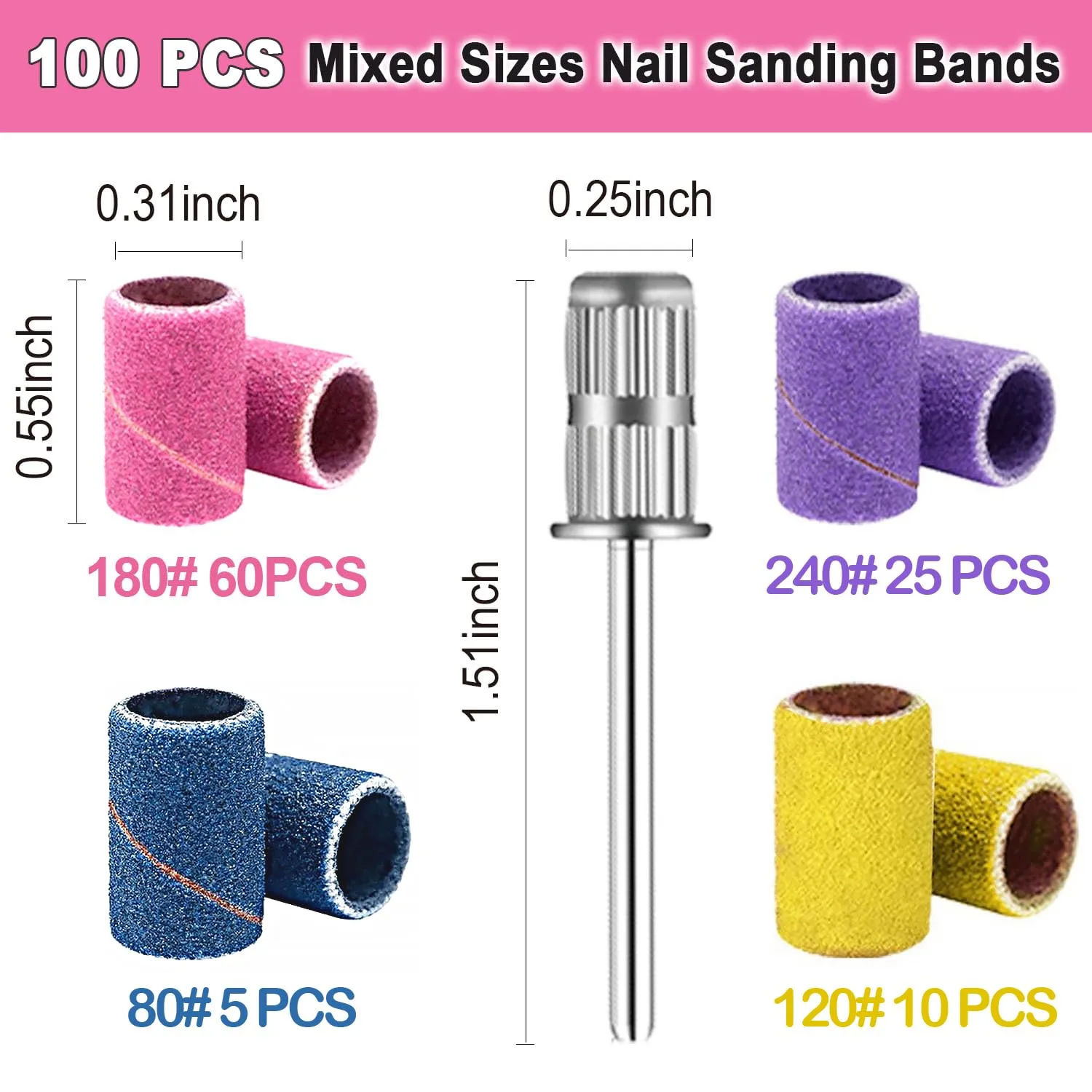 Nail Drill Bits 100 Pcs Sanding Bands for Nail Drill, Nail Tips for Drill Bits Nail Tech, Mix 80#120#180#240# Fine Grit File Sanding Bands for Acrylic Gel Manicures and Pedicure