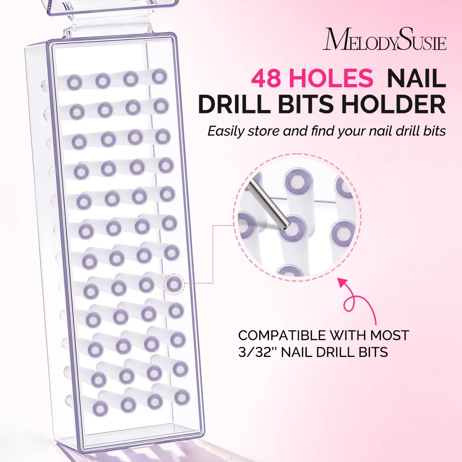 MelodySusie Nail Drill Bits Holder, 48 Holes Case, Portable Dustproof Displayer Organizer Container, Nail Tech Professional Nail Art Tool, Travel Salon Home, Clear (Drill Bits Not Included)