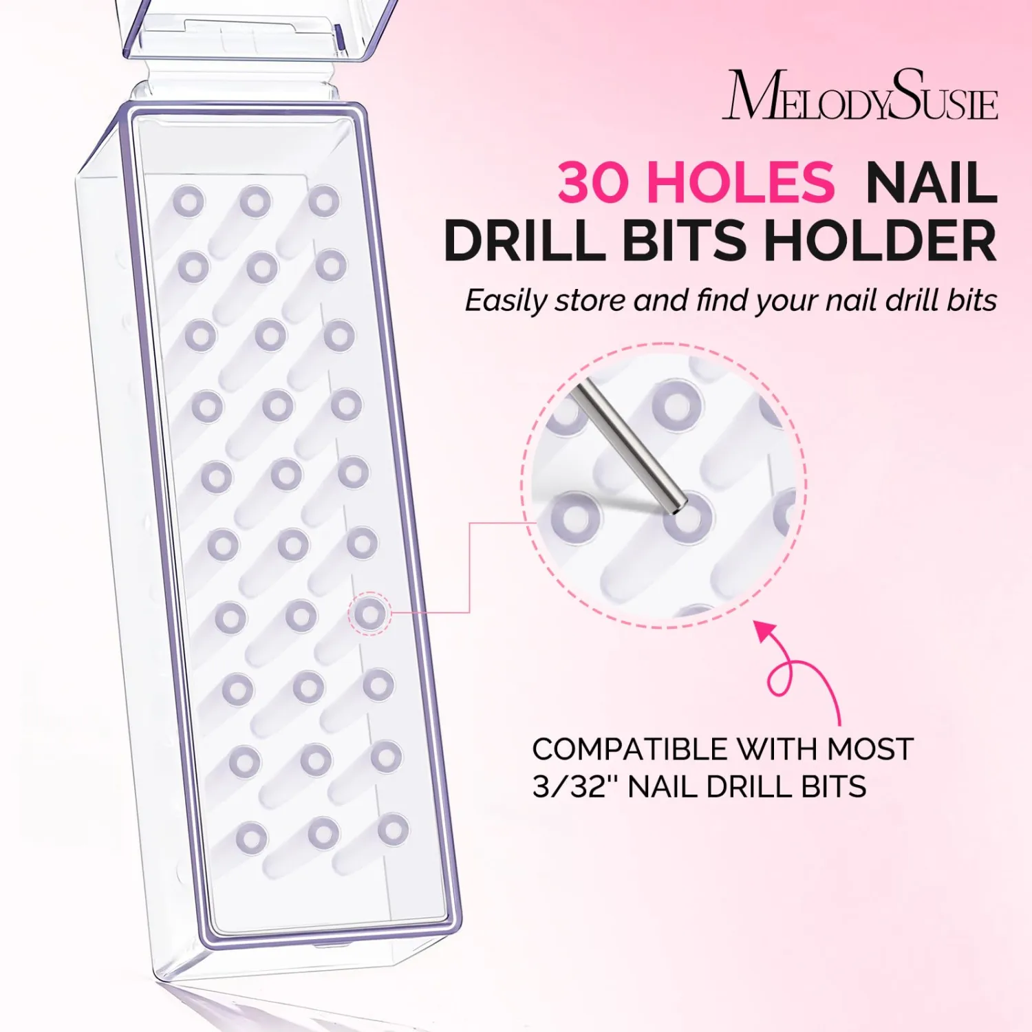 MelodySusie Nail Drill Bits Holder, 30 Holes Case, Portable Dustproof Displayer Organizer Container, Nail Tech Professional Nail Art Tool, Travel Salon Home, Clear (Drill Bits Not Included)