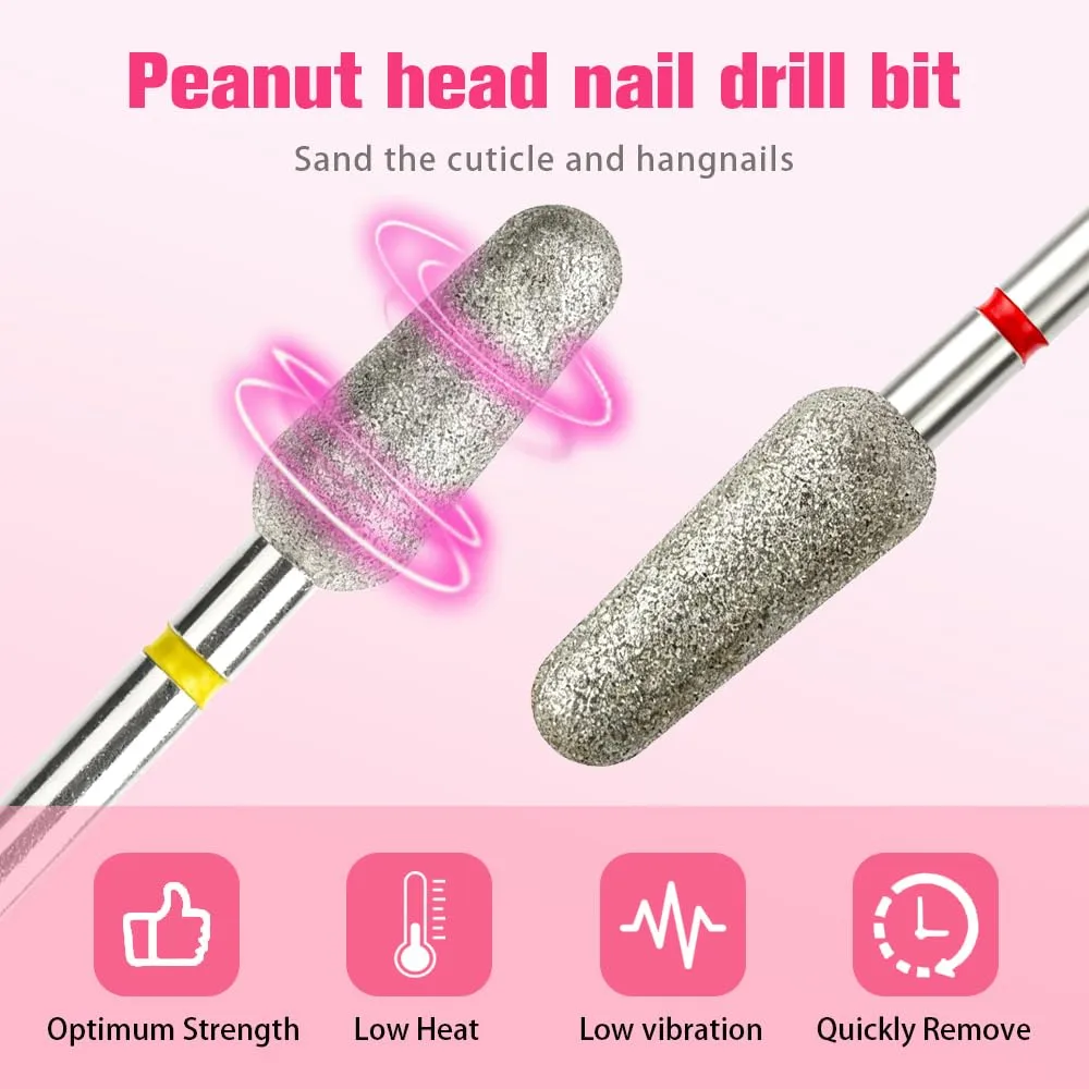2Pcs Cuticle Clean Nail Drill Bits 3/32'', Professional Peanut Shape Safety Carbide Diamond Beginners Bits Under Nail Cleaner for Cuticle Dead Skin Nail Prepare for Nail Supplies Home Use
