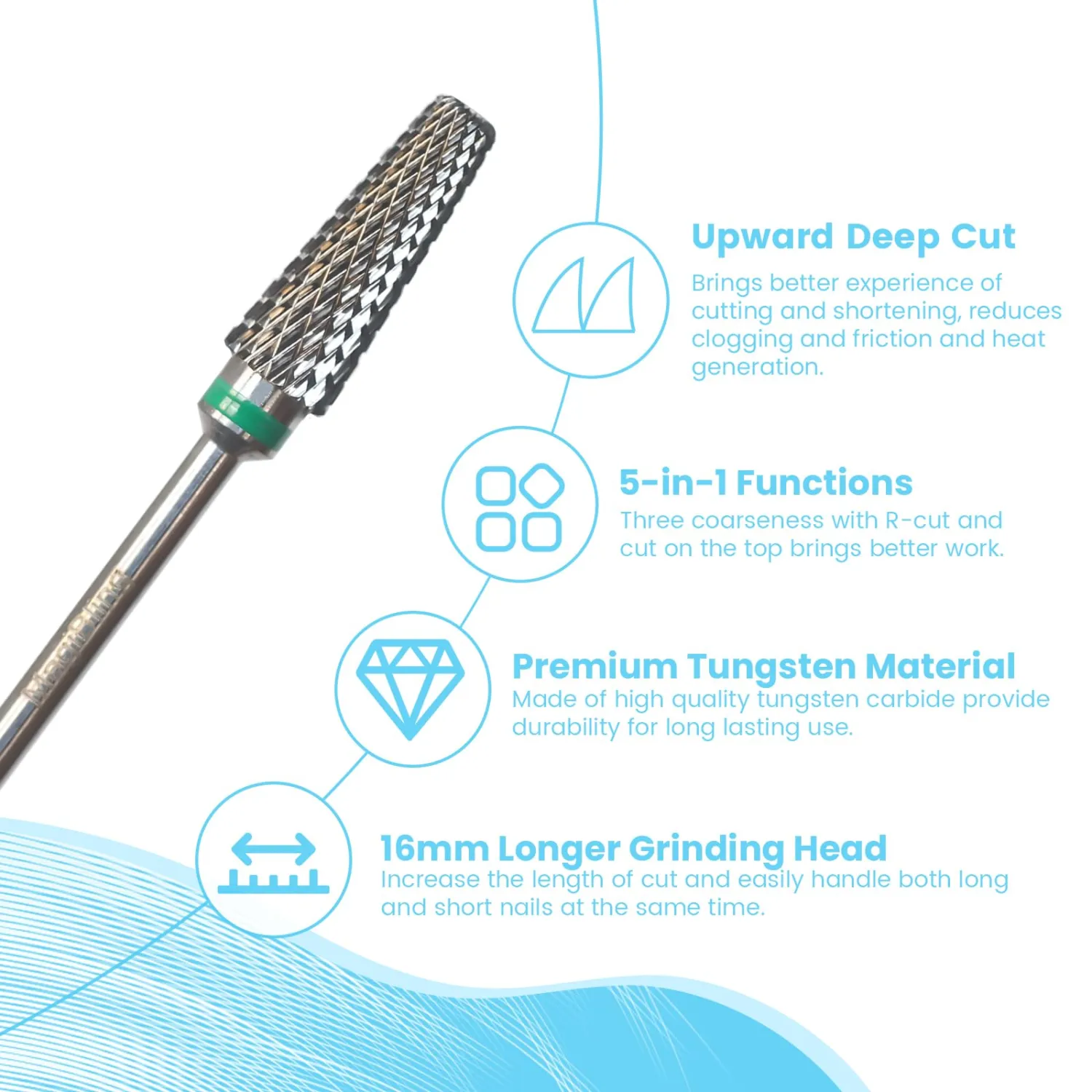 Super Cut 5-in-1 Nail Drill Bits, Tapered Barrel 3/32'' Safety Tungsten Bits, Upward Cut for Hard Gel Acrylic Removal, Right Handed for Nail Techs, Manicure Cuticle Gel Polishing, Coarse