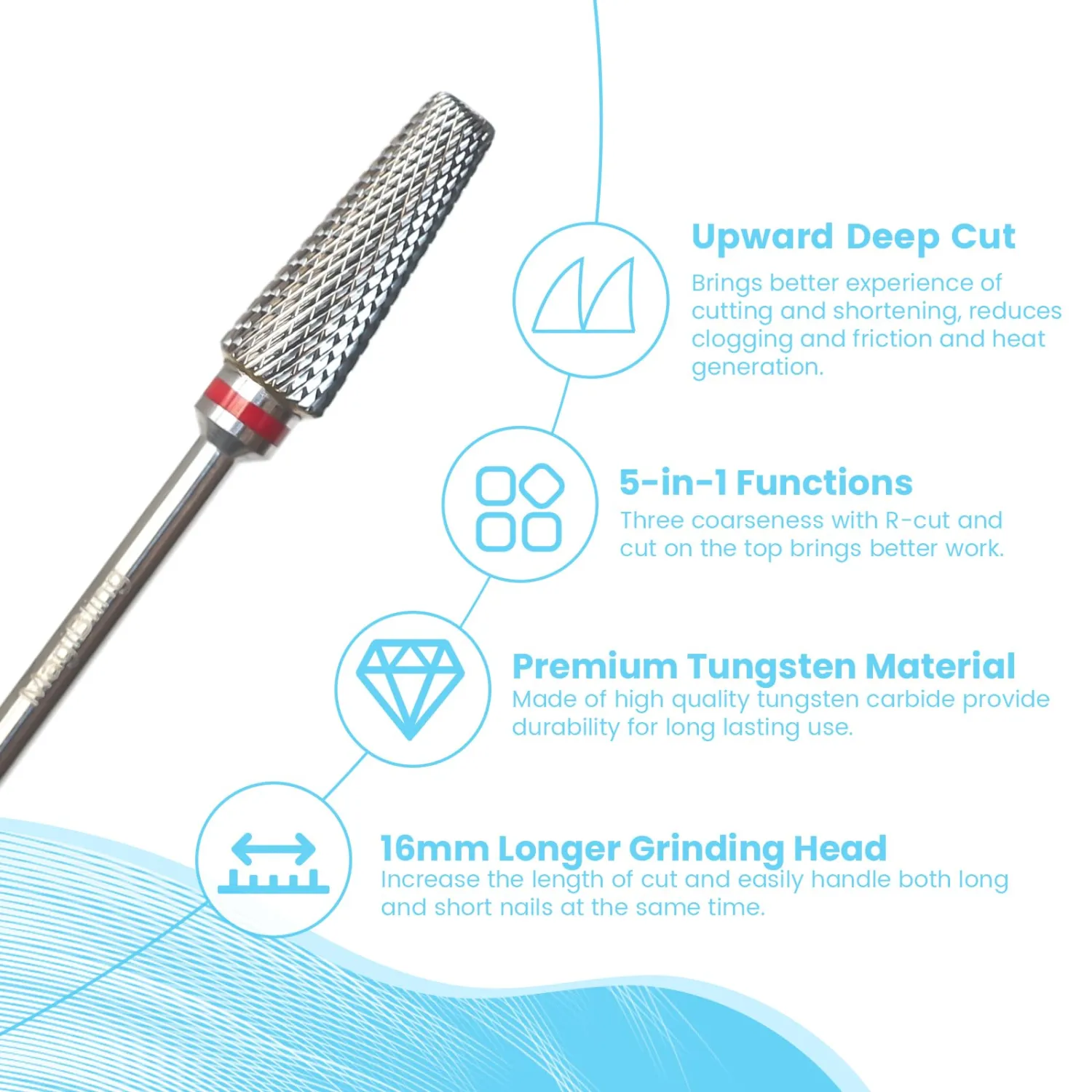 Super Cut 5-in-1 Nail Drill Bits, Tapered Barrel 3/32'' Safety Tungsten Bits, Upward Cut for Hard Gel Acrylic Removal, Right Handed for Nail Techs, Manicure Cuticle Gel Polishing, Fine