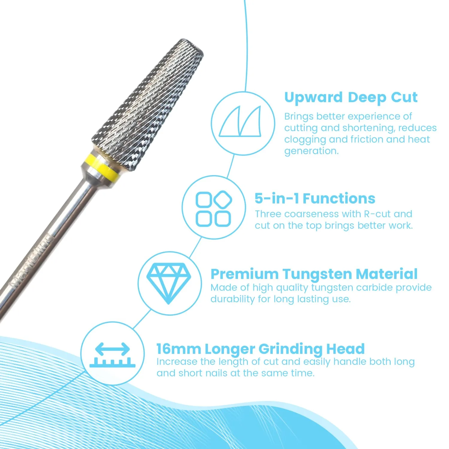 Super Cut 5-in-1 Nail Drill Bits, Tapered Barrel 3/32'' Safety Tungsten Bits, Upward Cut for Hard Gel Acrylic Removal, Right Handed for Nail Techs, Manicure Cuticle Gel Polishing, Extra Fine