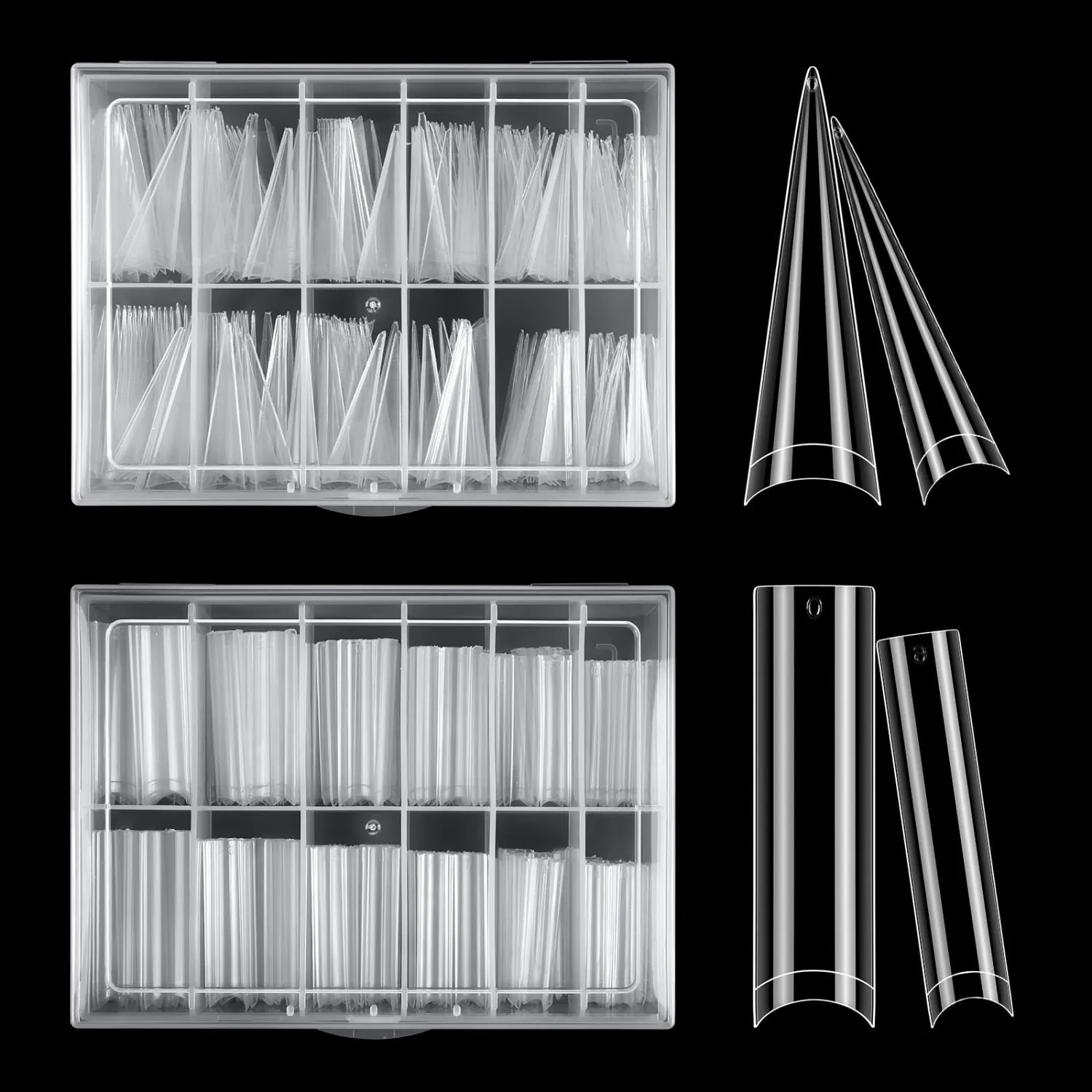 XL Long Clear Nail Tips: Half Cover 240PCS No C Curve Tapered Square Straight Nail Tips with 240PCS Stiletto Nail Tips for Salon Manicurist - Nail Extension Tips for Home DIY Manicure Hobbyists
