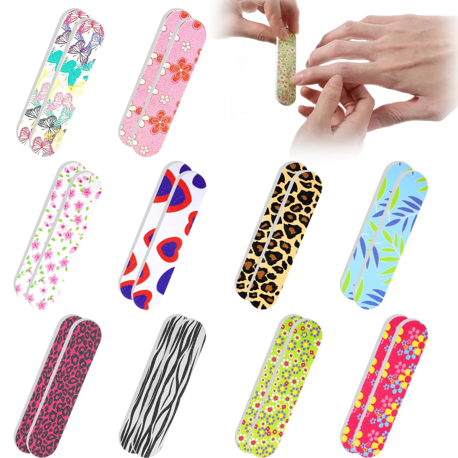 20Pcs Mini Nail Files Bulk Emery Boards for Acrylic & Natural Nails Colorful Floral Double Sided Mini Nail Buffer Manicure Tools for Women Girls Home and Salon Use