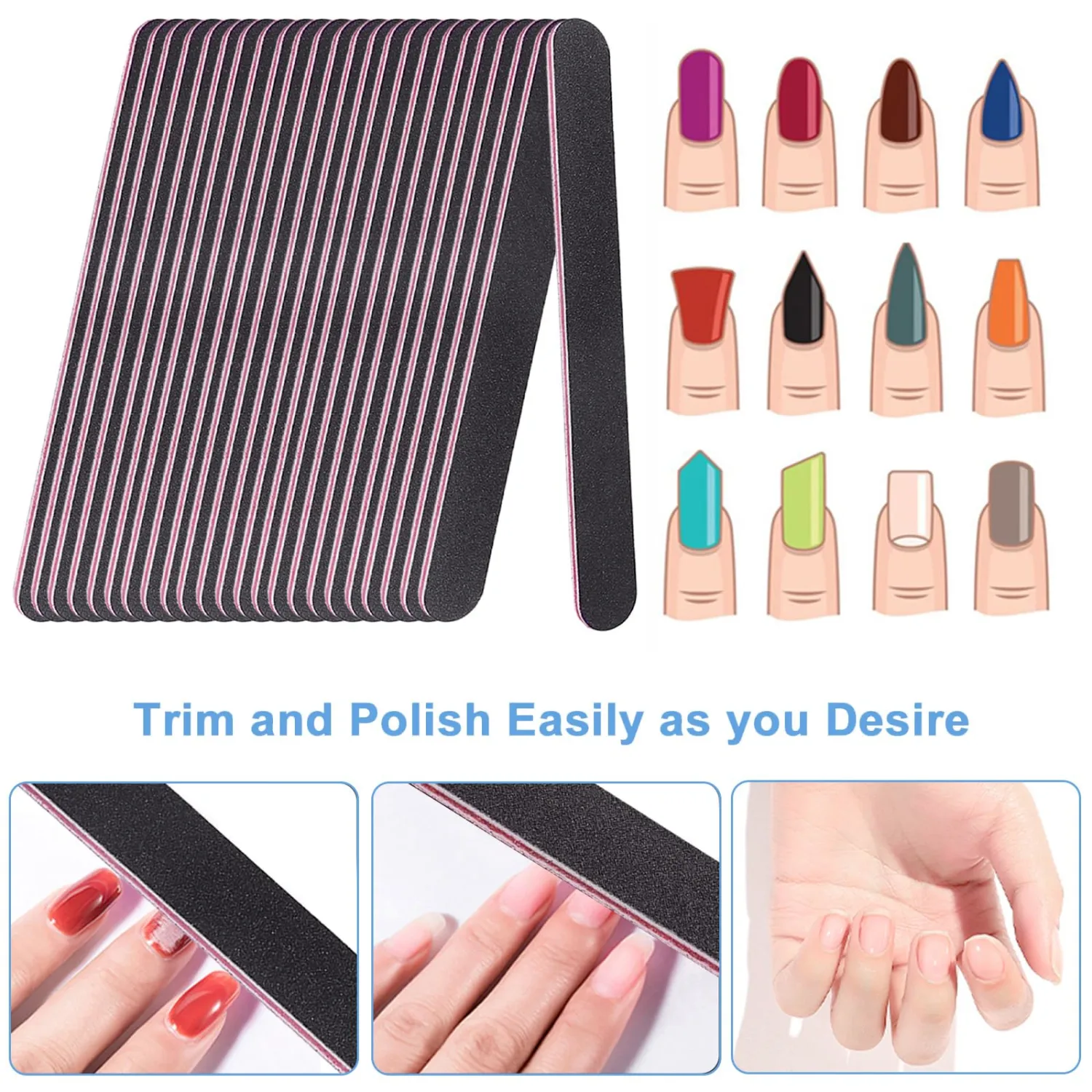 Nail Files (24 Pack), Professional Emery Board 100/180 Grit Nail File Double Sided Emory for Natural and Acrylic Nails Fingernail Files for Gel Nail Reusable Manicure Disposable Pedicure Black