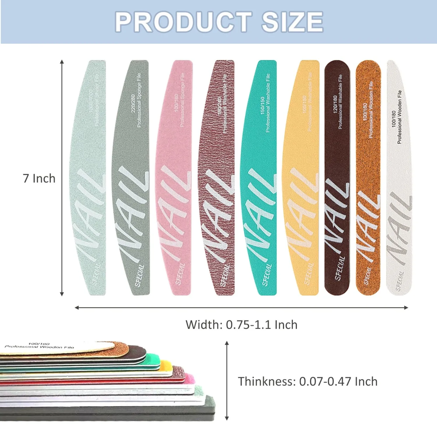 9Pcs Nail Files Buffer Set Double Sided Professional Emery Boards for Natural Acrylic Nails 100/120/150/180/220/240/280/1000/4000 Grit Washable Soft Nail Filer Manicure Tools Home Salon Use
