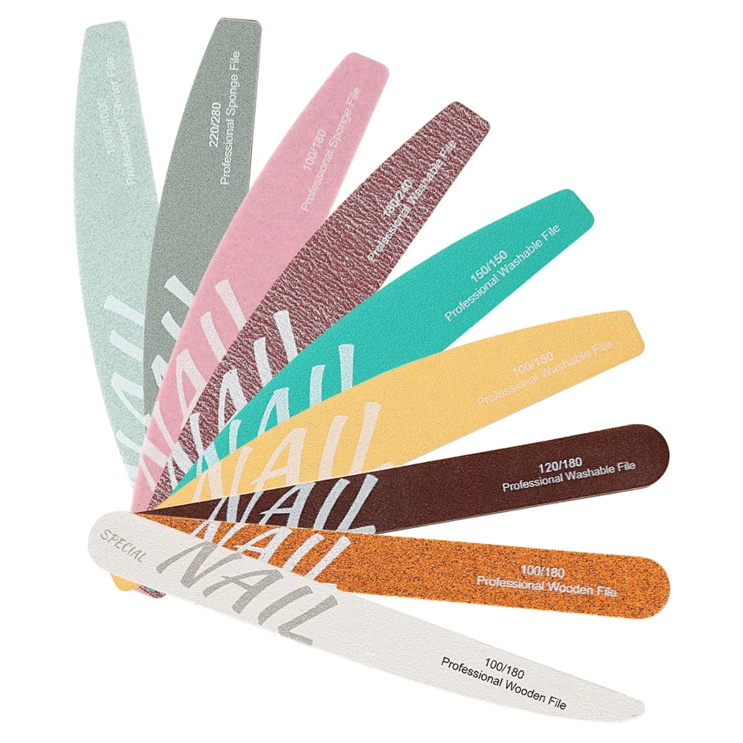 9Pcs Nail Files Buffer Set Double Sided Professional Emery Boards for Natural Acrylic Nails 100/120/150/180/220/240/280/1000/4000 Grit Washable Soft Nail Filer Manicure Tools Home Salon Use