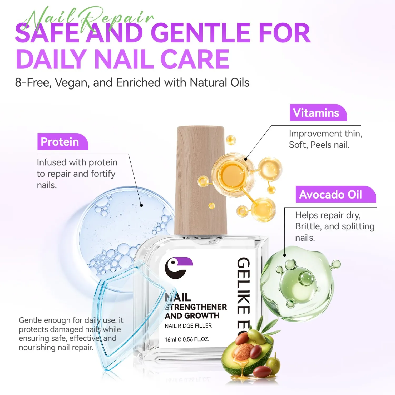 Gelike EC Nail Strengthener and Hardener Polish: Milky Pink Fast Dry Nail Growth Treatment Ridge Filler for Peeling and Weak Nails Long Lasting High Shine Finish for Women Home DIY