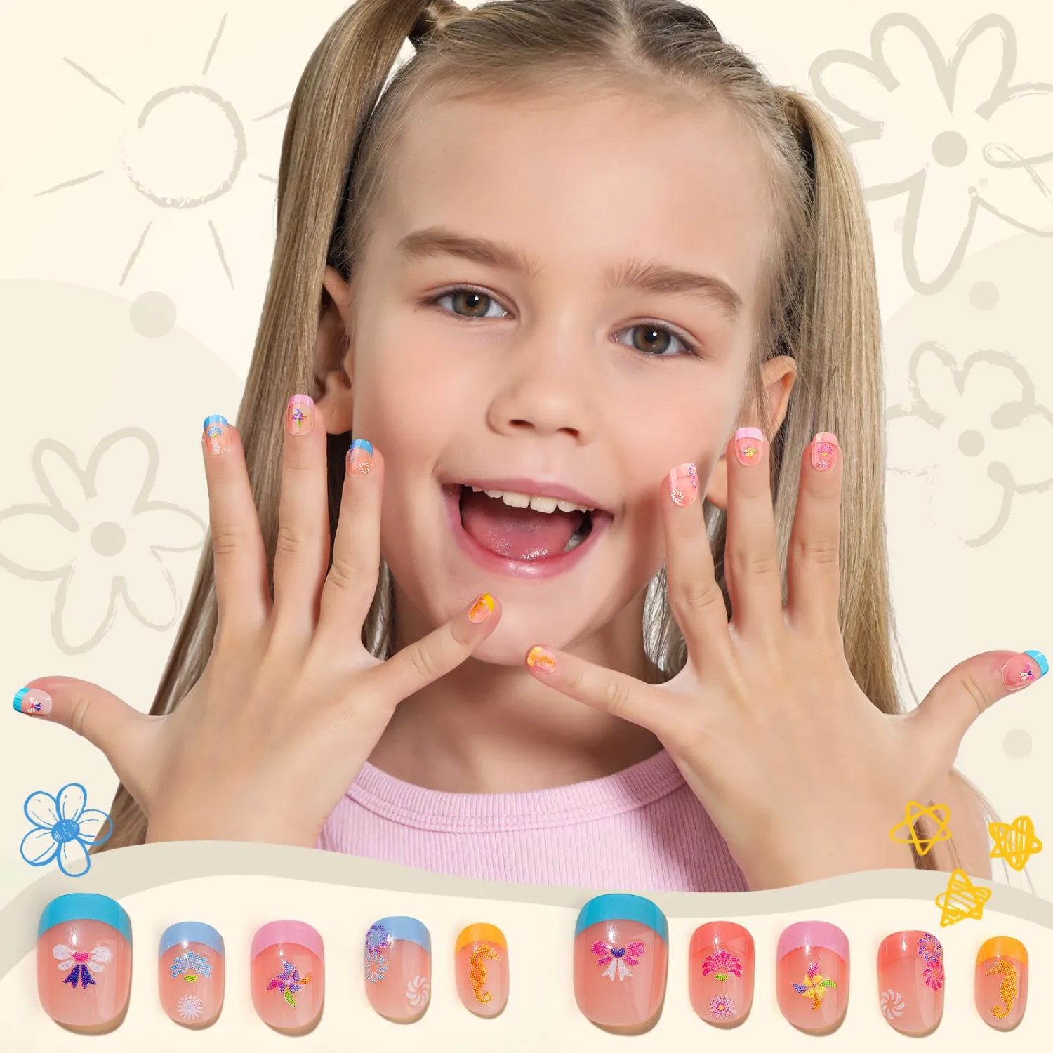 FANDAMEI Nail Stickers for Girls, 30 Sheets Cute Kids Nail Stickers for Nail Art, 3D Self-Adhesive Glitter Floral Fruit Heart Decals for Women, Little Girl Nail Decals for Design