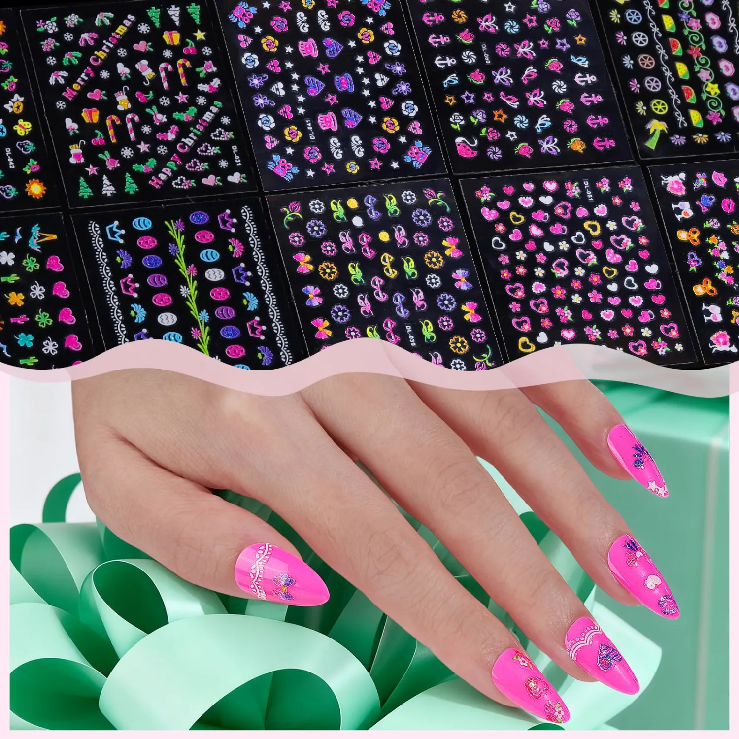 FANDAMEI Nail Stickers for Girls, 30 Sheets Cute Kids Nail Stickers for Nail Art, 3D Self-Adhesive Glitter Floral Fruit Heart Decals for Women, Little Girl Nail Decals for Design