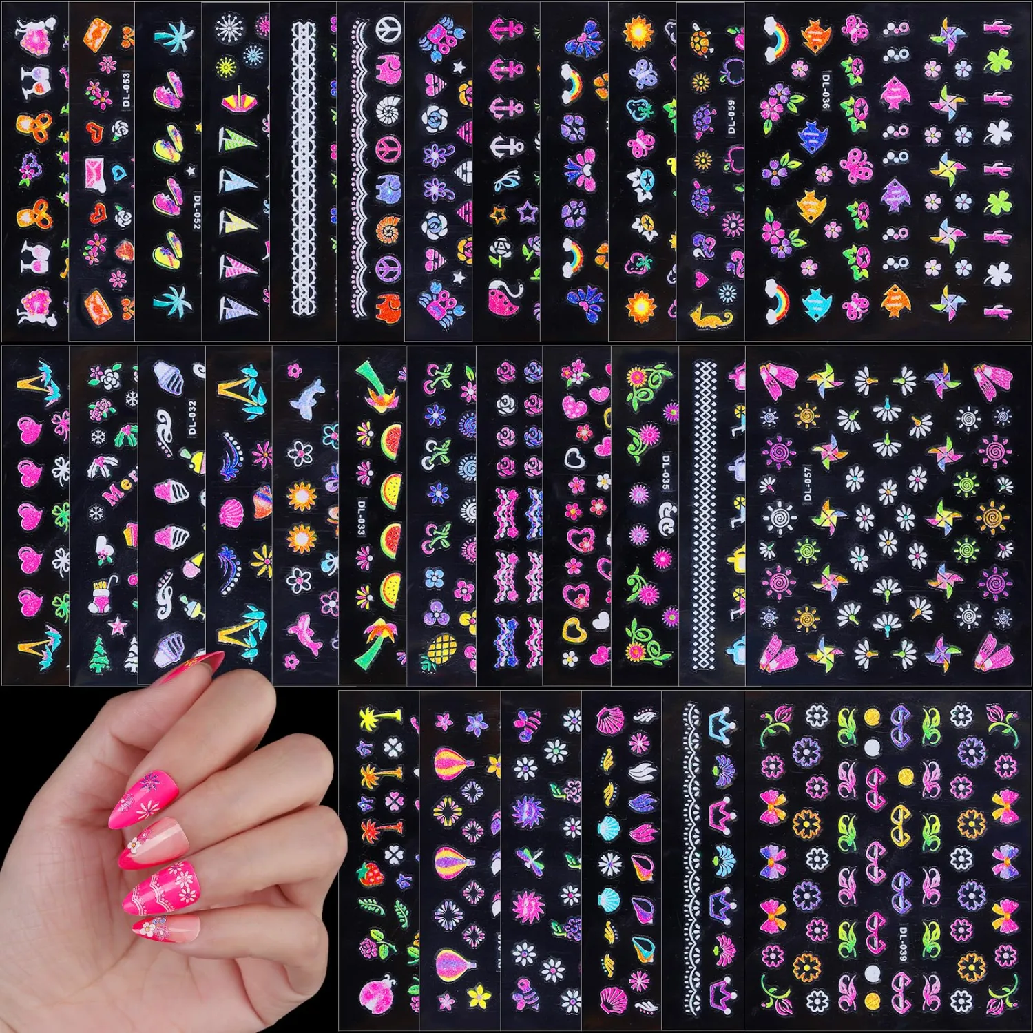 FANDAMEI Nail Stickers for Girls, 30 Sheets Cute Kids Nail Stickers for Nail Art, 3D Self-Adhesive Glitter Floral Fruit Heart Decals for Women, Little Girl Nail Decals for Design