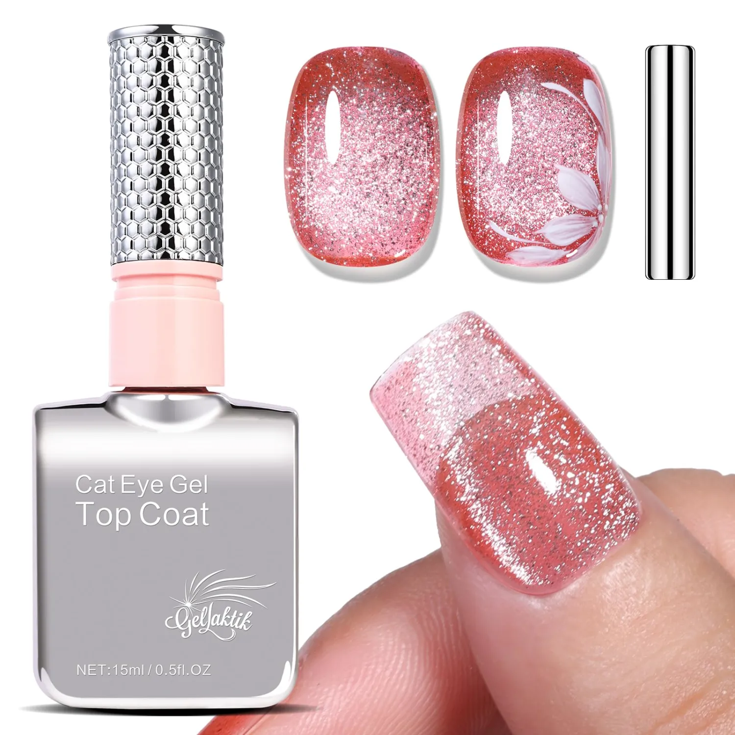 5-in-1 Cat Eye Gel Polish 15ml No Base/Top Coat Needed All-in-One Formula, Beginner-Friendly Magnetic Nail Polish with Magnet Stick, Fast Curing for Home DIY Manicure (Crimson Glitter)