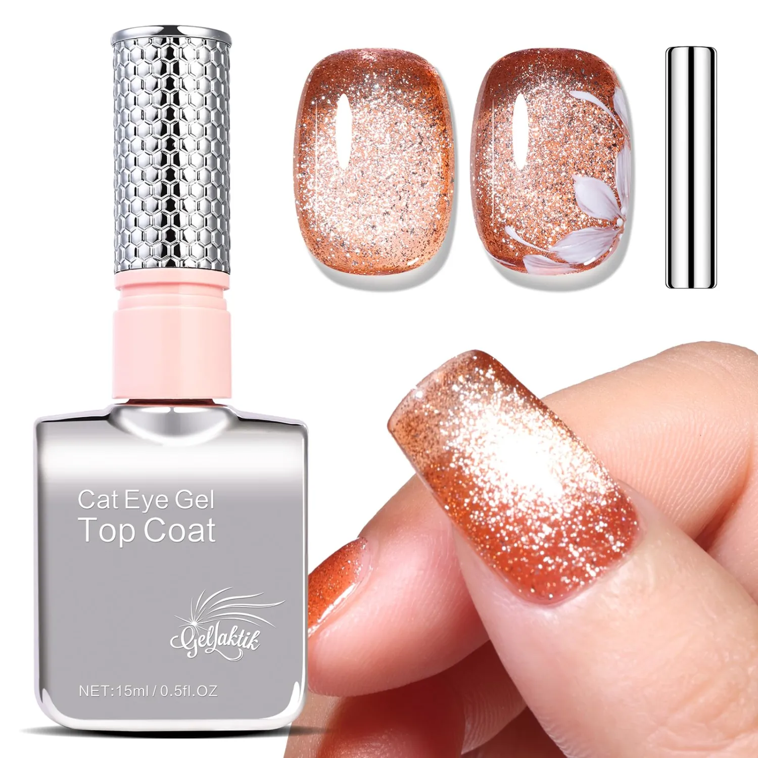 5-in-1 Cat Eye Gel Polish 15ml No Base/Top Coat Needed All-in-One Formula, Beginner-Friendly Magnetic Nail Polish with Magnet Stick, Fast Curing for Home DIY Manicure (Caramel Brown)