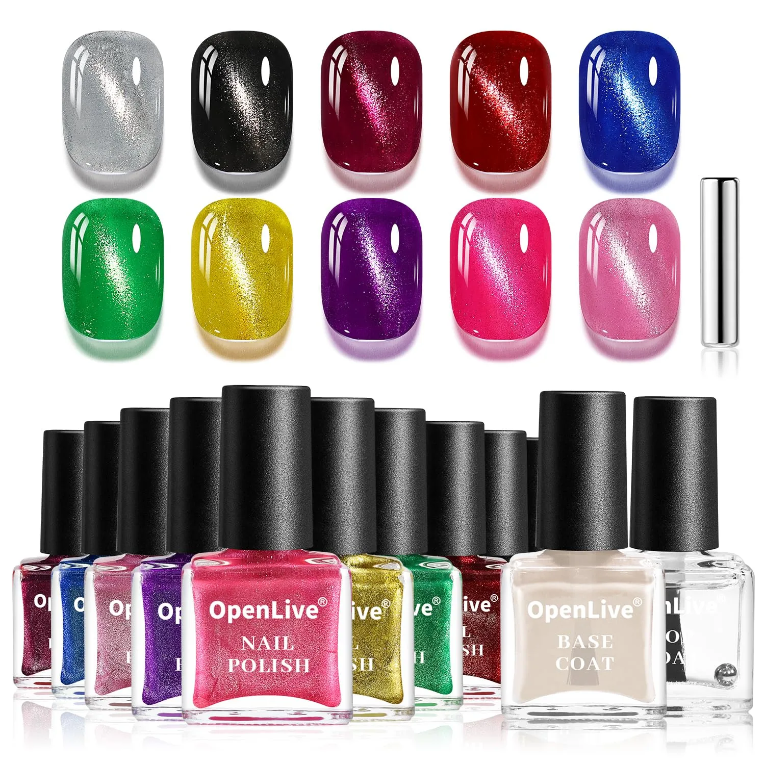 12Pcs Aurora Cat Eye Nail Polish with Base Coat Top Coat and Magnet Stick, Quick Dry Nail Polish for Holiday Gift Giving