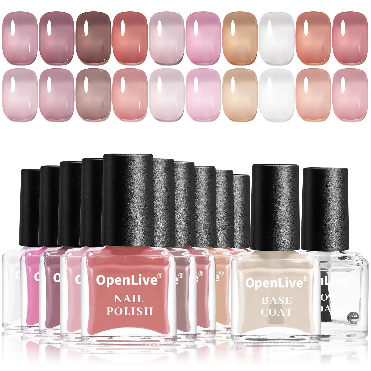 Jelly Nail Polish Set, 10 Color With 2Pcs Base and Top Coat Quick Dry High Gloss Shine Nail Polish Non Gel Translucent White Nude Pink Color Holiday Gift Giving 5ML