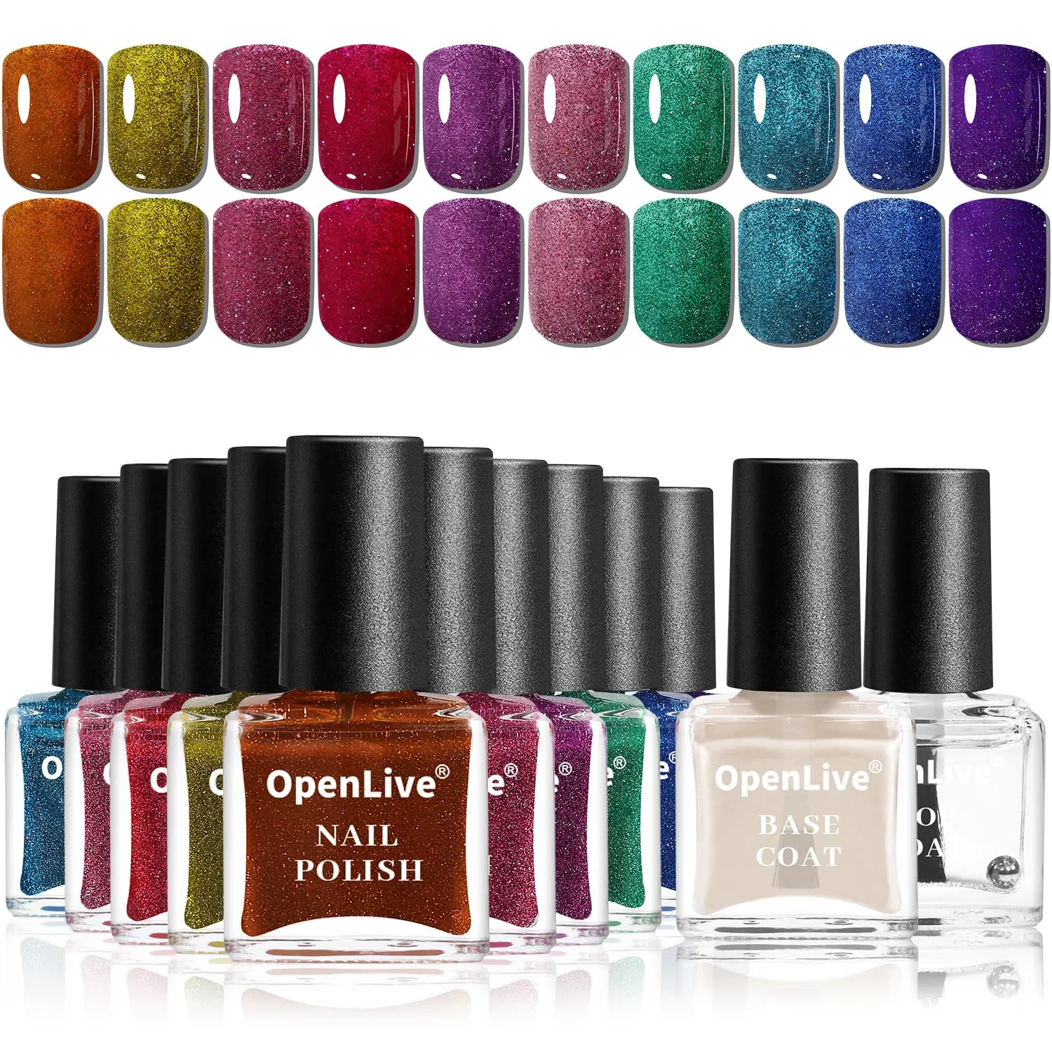 Reflective Nail Polish 12 Colors With Base Coat and Top Coat Glitter Red Bule Purple Green Nail Polish Set Quick Dry Sparkle Winter Manicure Long Lasting for Holiday Gift Giving 5ML