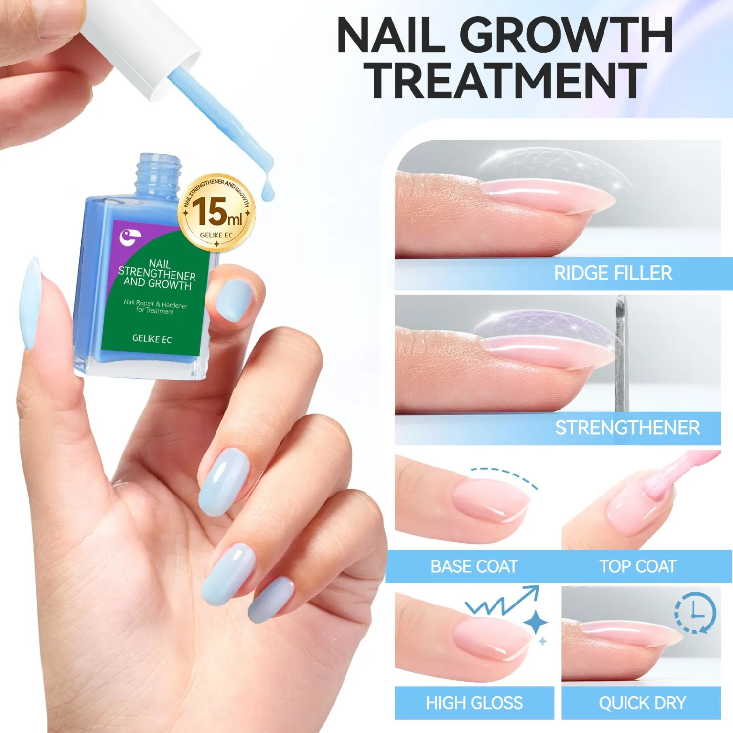 Nail Polish Strengthener and Growth: Blue Gelike EC 6 in 1 Natural Hardener - Long Lasting Nail Polish Hardener Extra Strong and Growth for Daily Work Home Salon