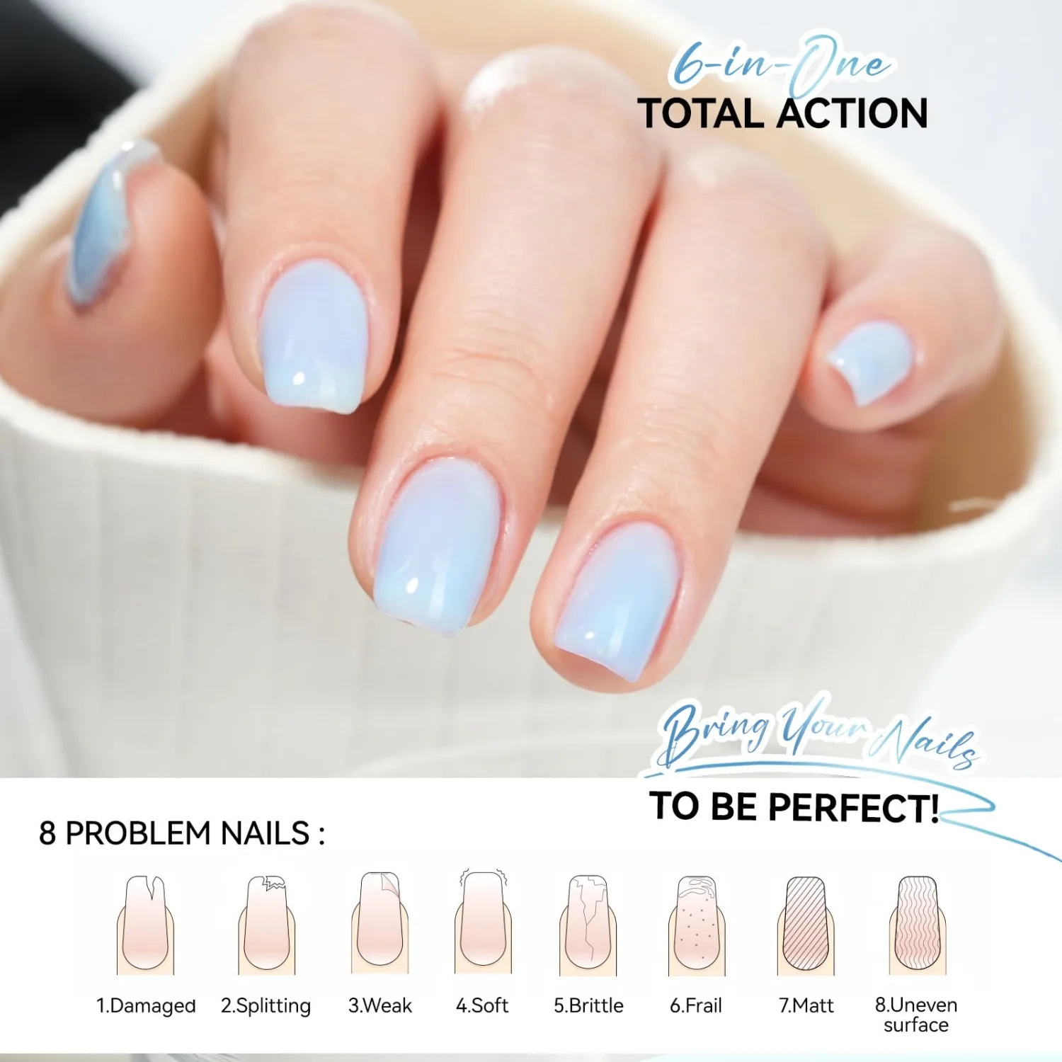 Nail Polish Strengthener and Growth: Blue Gelike EC 6 in 1 Natural Hardener - Long Lasting Nail Polish Hardener Extra Strong and Growth for Daily Work Home Salon