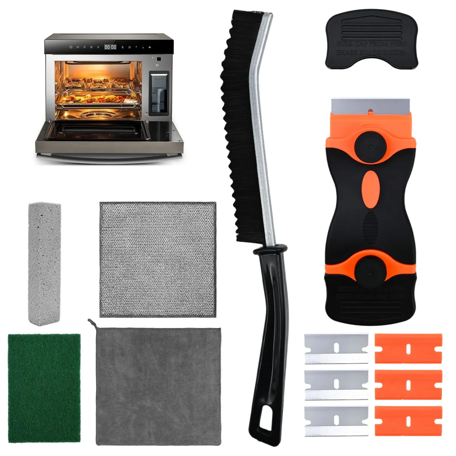 Heavy Duty Oven Cleaner Brush Set,Oven Cleaning Kits,Oven Cleaning Tools Accessories with Razor Blade Scraper,Crevice Cleaning Brush,Pumice Stone,Microfiber Cleaning Cloth,Scrub Sponges