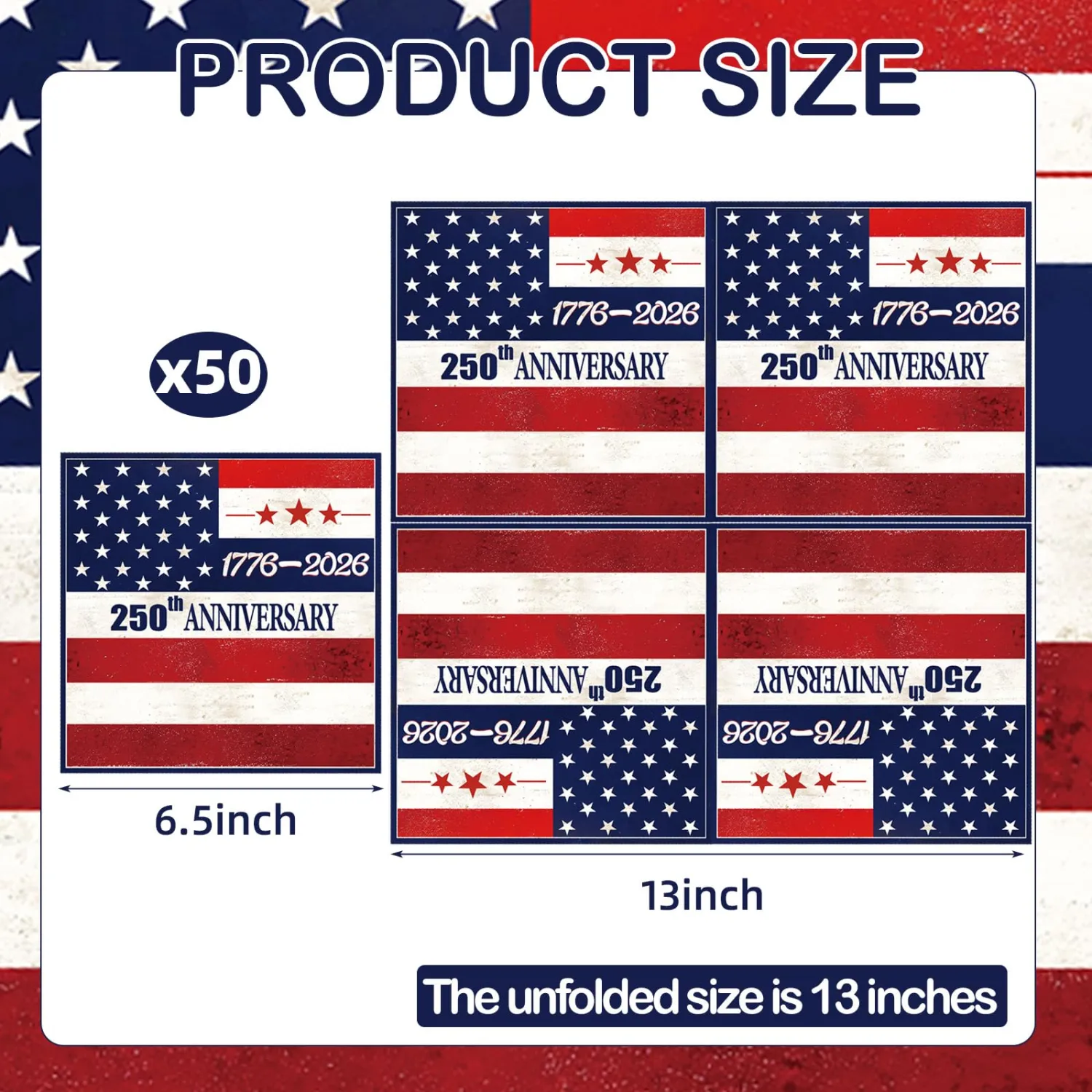 50 Pieces 250th Anniversary Patriotic Paper Napkins, Disposable Napkins with USA Flag Design for 4th of July, Independence Day, Memorial Day, and 250th America Birthday Party Decorations