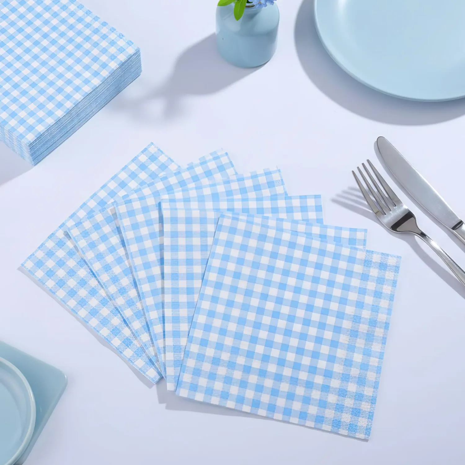 Blue Gingham Napkins, 6.5X6.5 Inch Light Blue and white Napkins Disposable Checkered Luncheon Napkin for Boy Baby Shower, Birthday, Wedding
